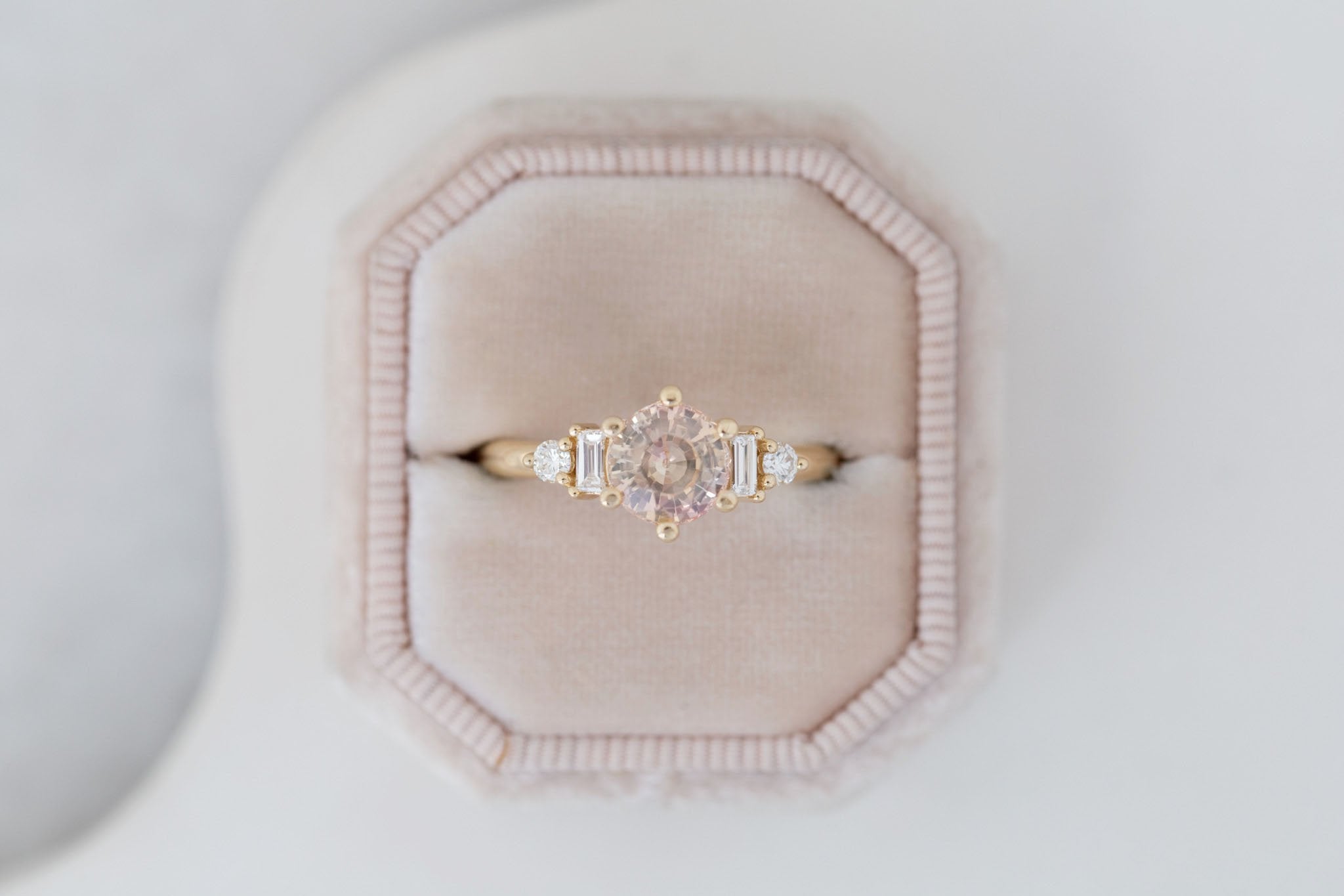 Alsea Ring | Peach Bicolor Sapphire + Baguette and Round Diamond Accent Engagement Ring 1.64 ct | 14k Recycled Gold | One of a Kind