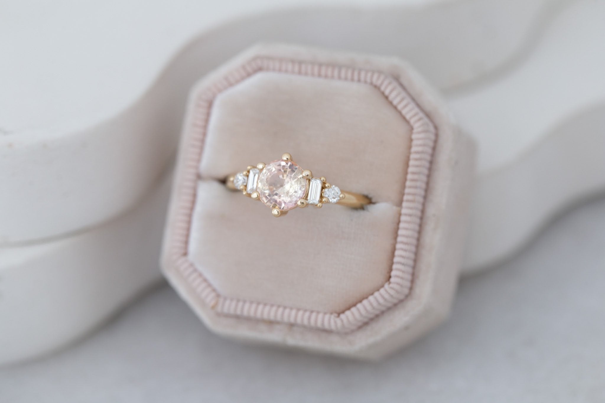 Alsea Ring | Peach Bicolor Sapphire + Baguette and Round Diamond Accent Engagement Ring 1.64 ct | 14k Recycled Gold | One of a Kind