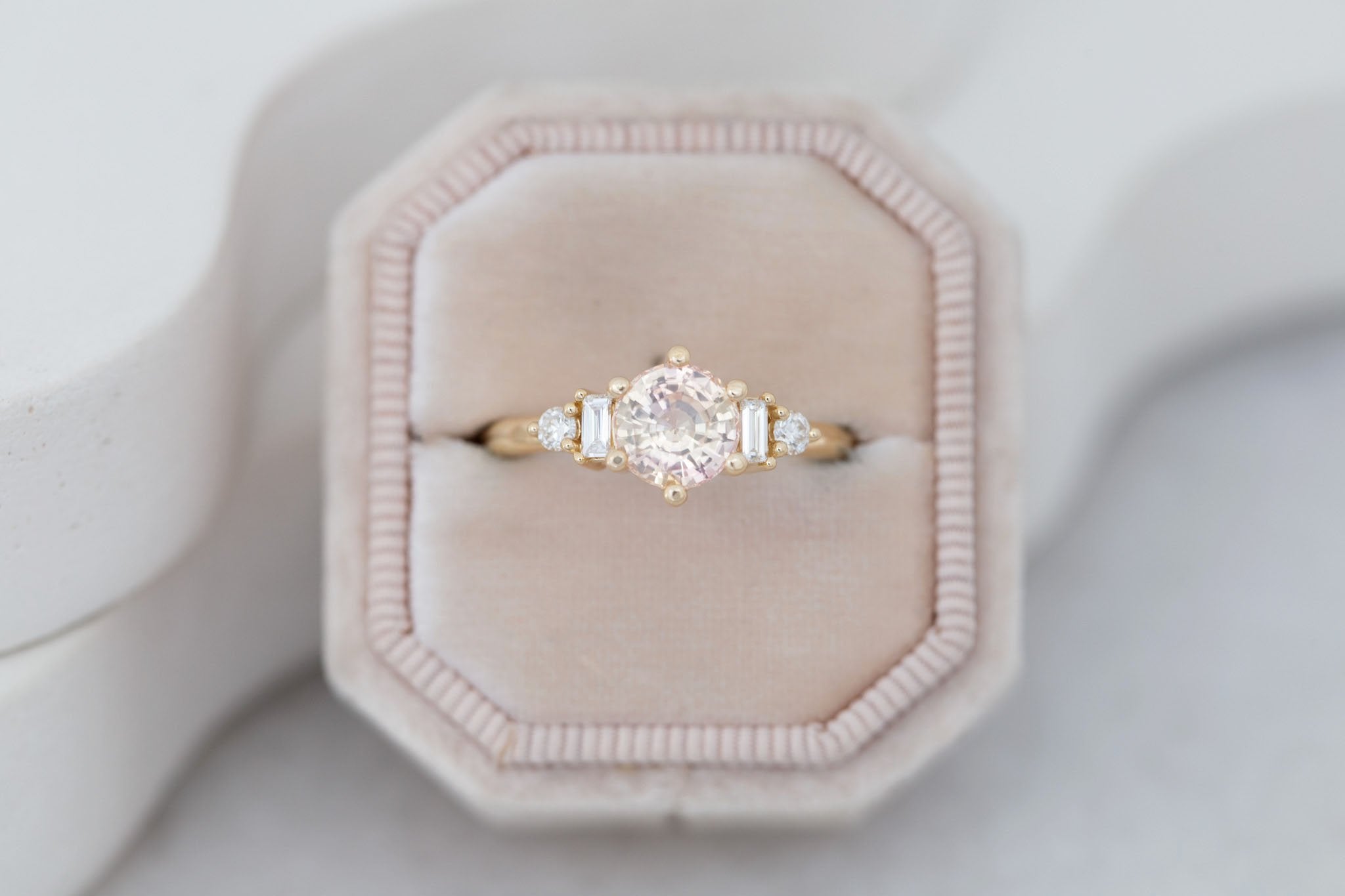 Alsea Ring | Peach Bicolor Sapphire + Baguette and Round Diamond Accent Engagement Ring 1.64 ct | 14k Recycled Gold | One of a Kind