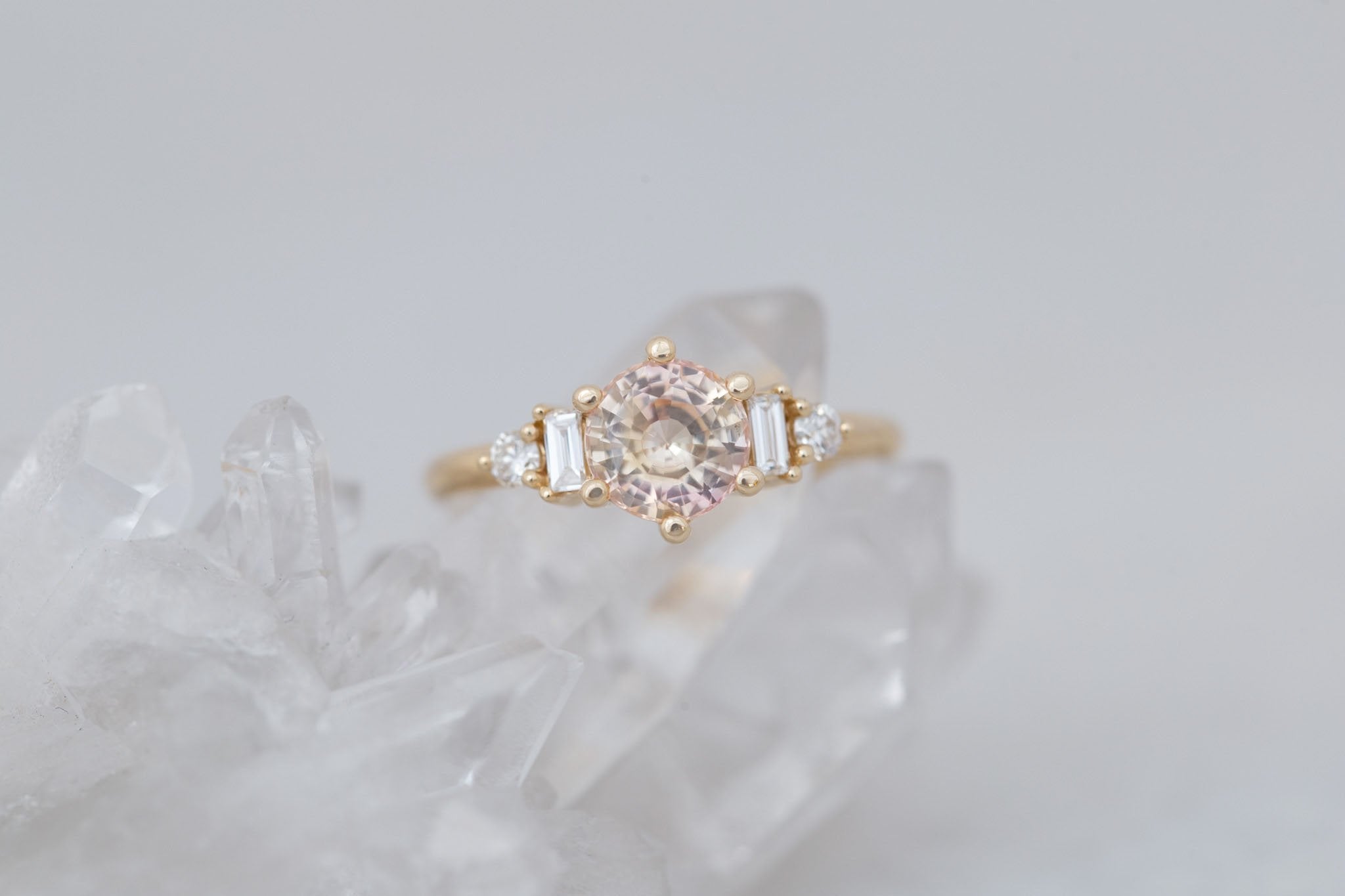 Alsea Ring | Peach Bicolor Sapphire + Baguette and Round Diamond Accent Engagement Ring 1.64 ct | 14k Recycled Gold | One of a Kind