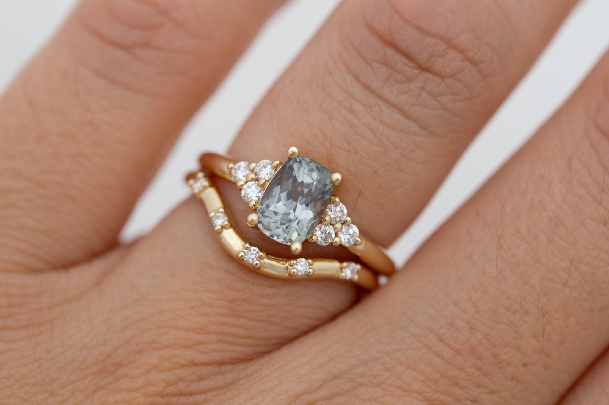 Verona Ring | Green-Gray Elongated Cushion Sapphire + Round Diamond Accents Engagement Ring 1.68 ct | 14k Recycled Gold | One of a Kind