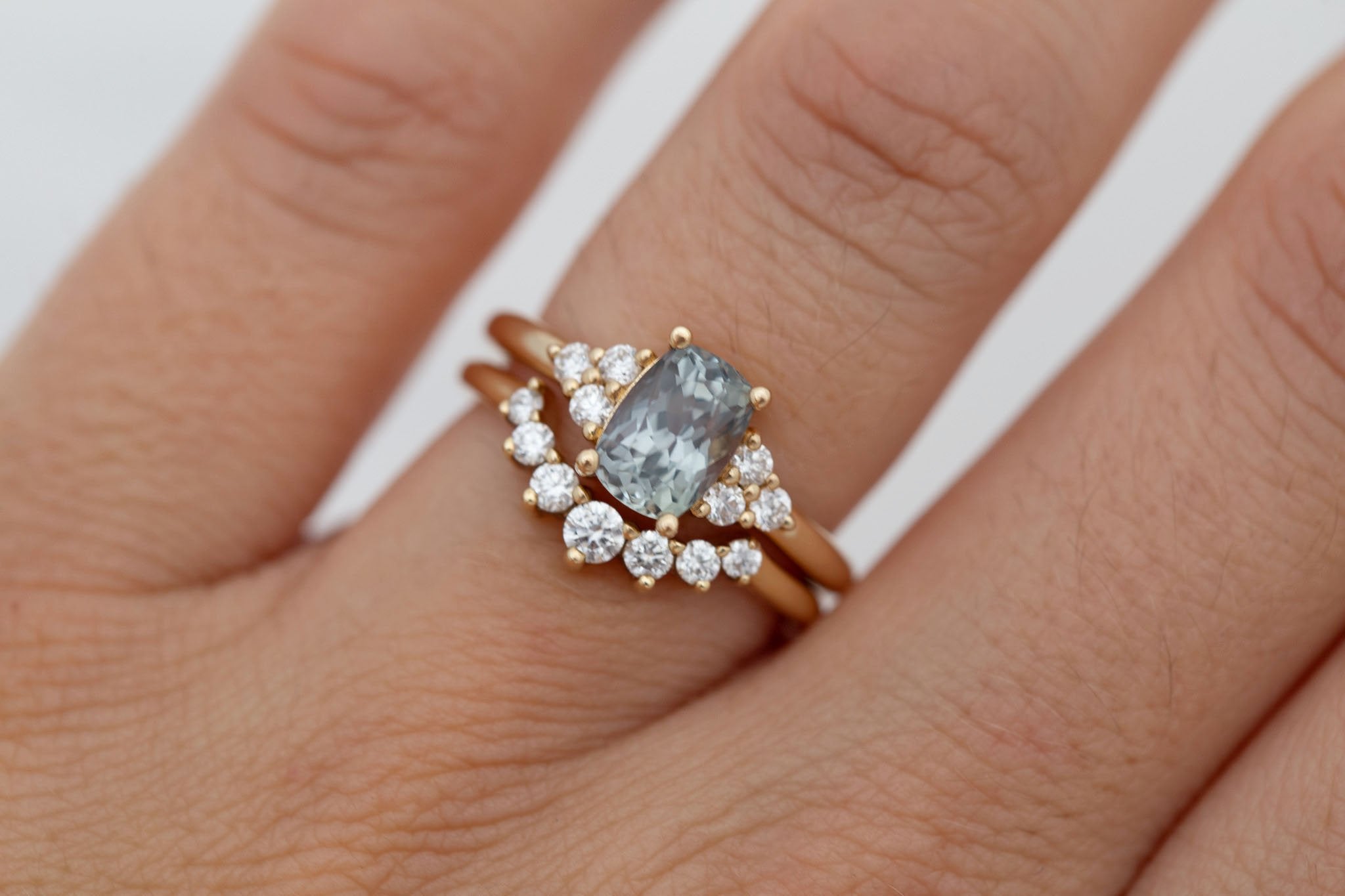 Verona Ring | Green-Gray Elongated Cushion Sapphire + Round Diamond Accents Engagement Ring 1.68 ct | 14k Recycled Gold | One of a Kind