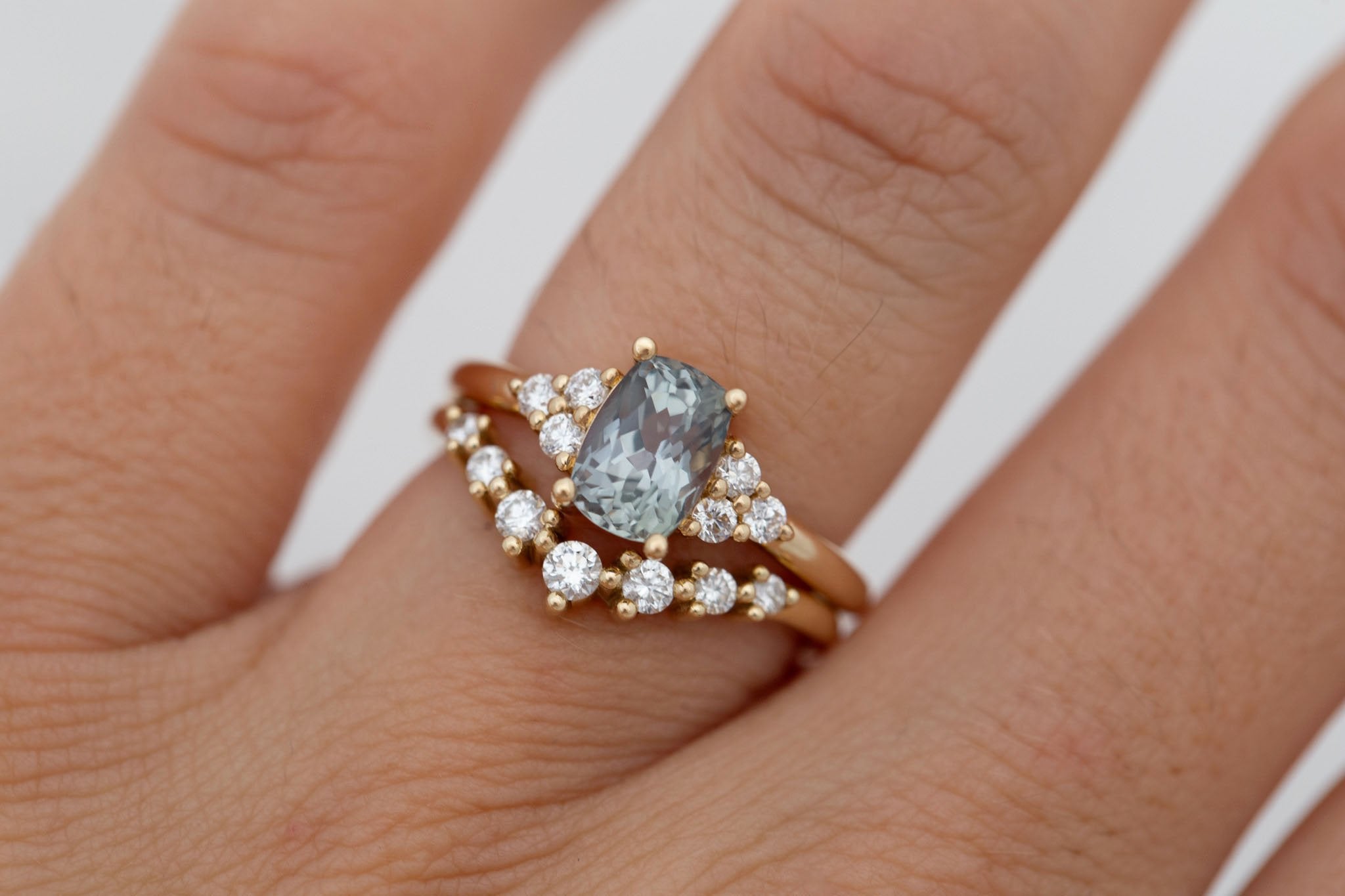 Verona Ring | Green-Gray Elongated Cushion Sapphire + Round Diamond Accents Engagement Ring 1.68 ct | 14k Recycled Gold | One of a Kind