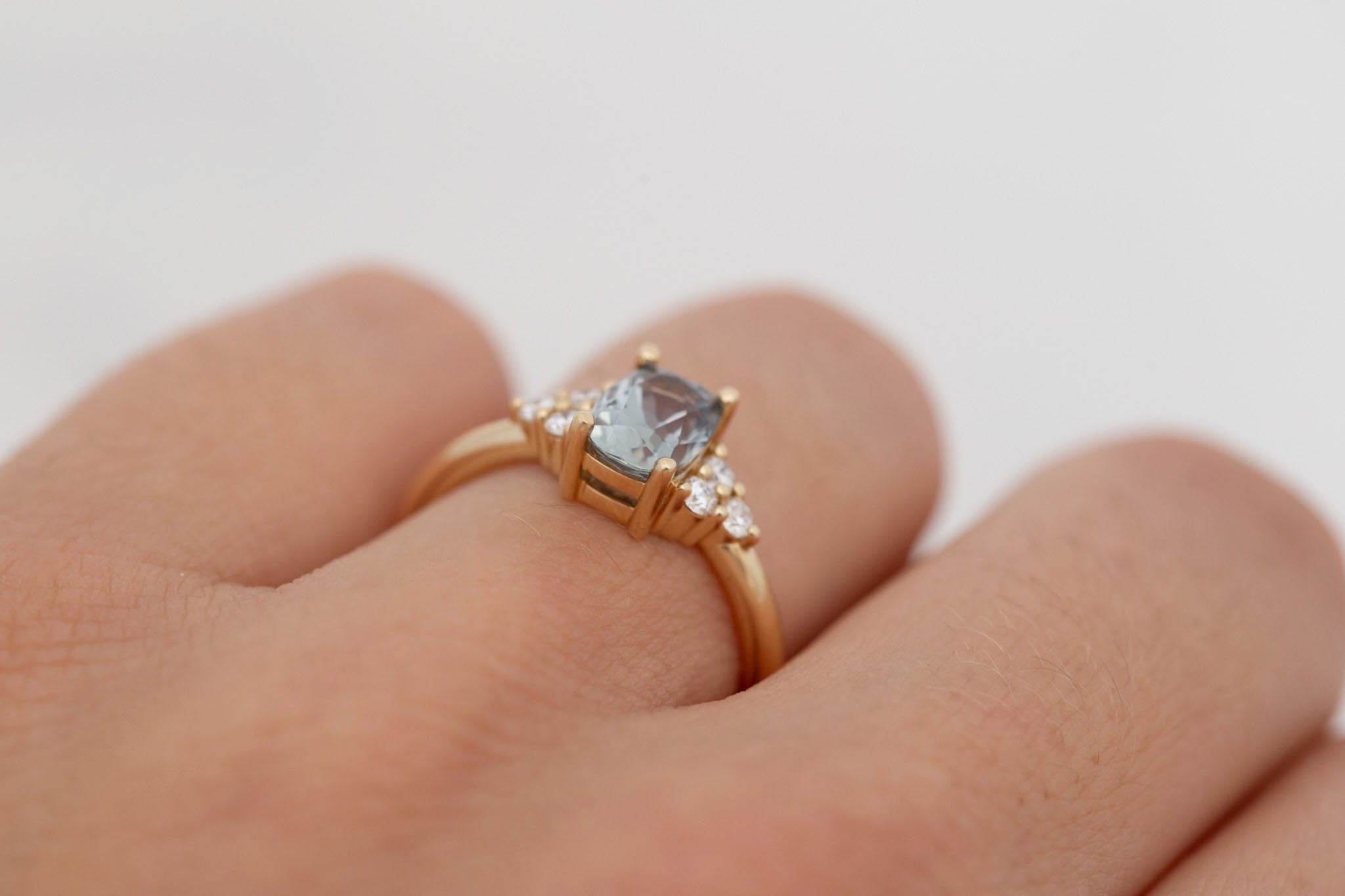 Verona Ring | Green-Gray Elongated Cushion Sapphire + Round Diamond Accents Engagement Ring 1.68 ct | 14k Recycled Gold | One of a Kind