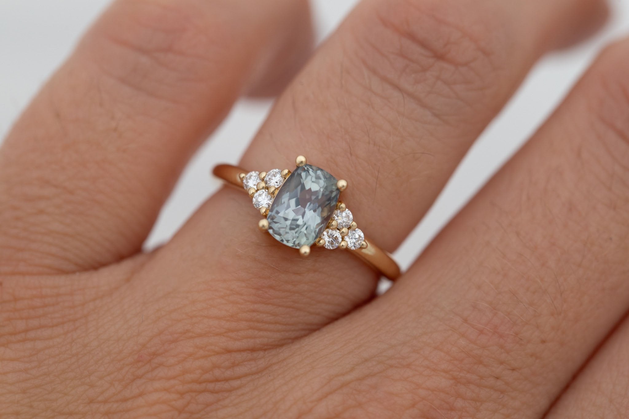 Verona Ring | Green-Gray Elongated Cushion Sapphire + Round Diamond Accents Engagement Ring 1.68 ct | 14k Recycled Gold | One of a Kind