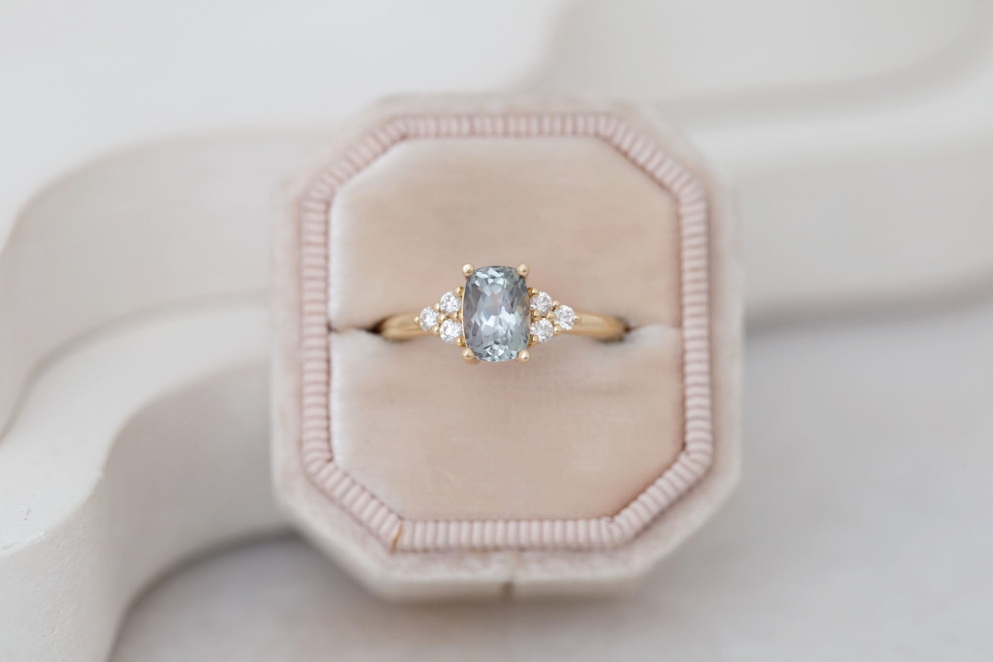 Verona Ring | Green-Gray Elongated Cushion Sapphire + Round Diamond Accents Engagement Ring 1.68 ct | 14k Recycled Gold | One of a Kind