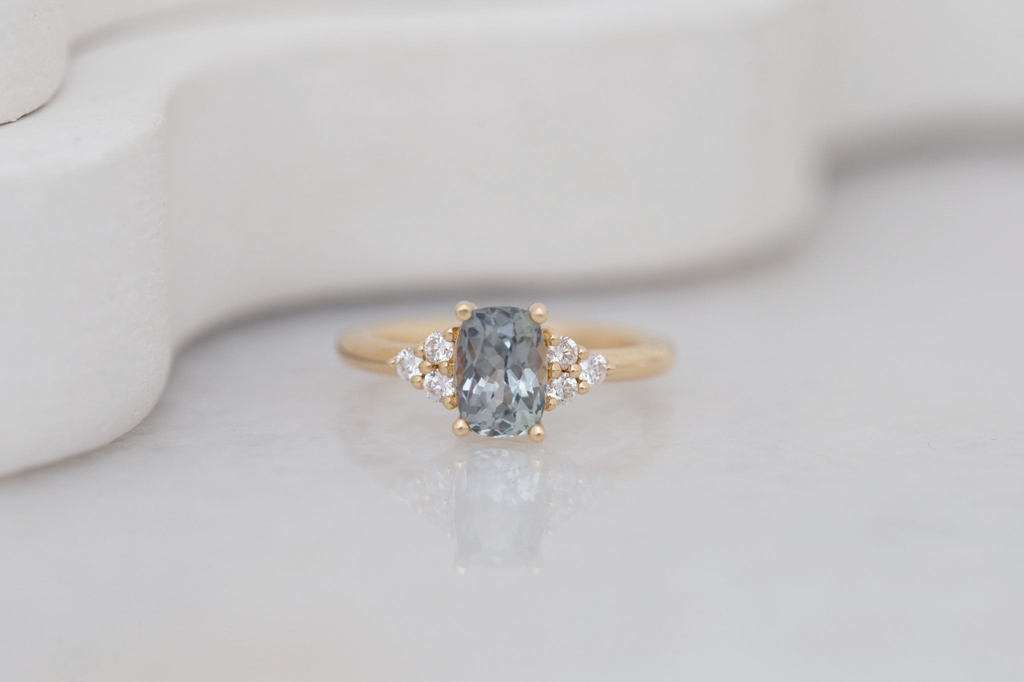 Verona Ring | Green-Gray Elongated Cushion Sapphire + Round Diamond Accents Engagement Ring 1.68 ct | 14k Recycled Gold | One of a Kind