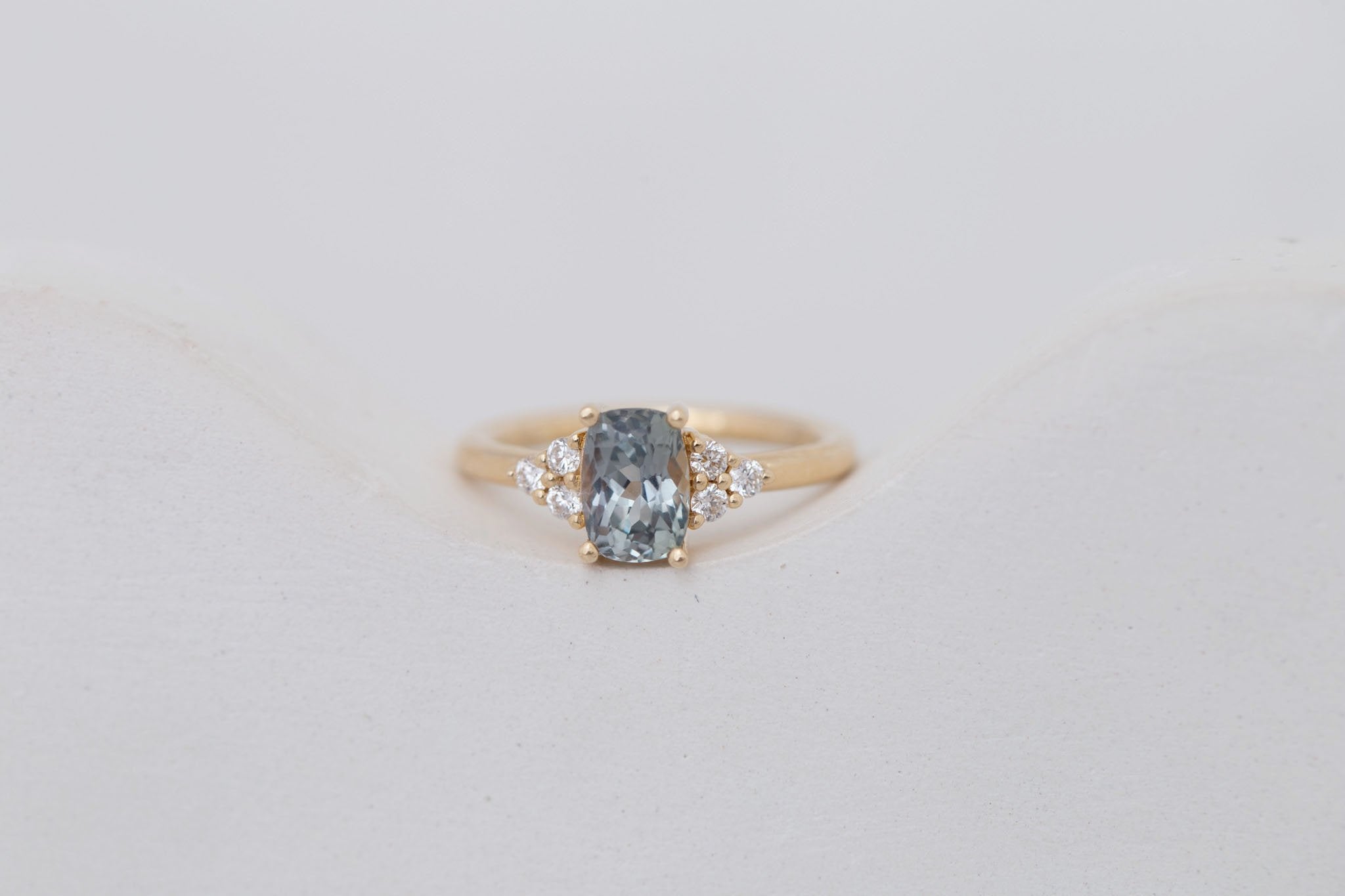 Verona Ring | Green-Gray Elongated Cushion Sapphire + Round Diamond Accents Engagement Ring 1.68 ct | 14k Recycled Gold | One of a Kind