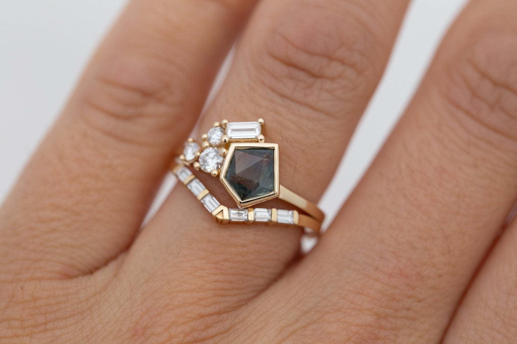 Sarria Ring | Green Geocut Montana Sapphire + Diamond Cluster Engagement Ring 1.00 ct | 14k Recycled Gold | One of a Kind