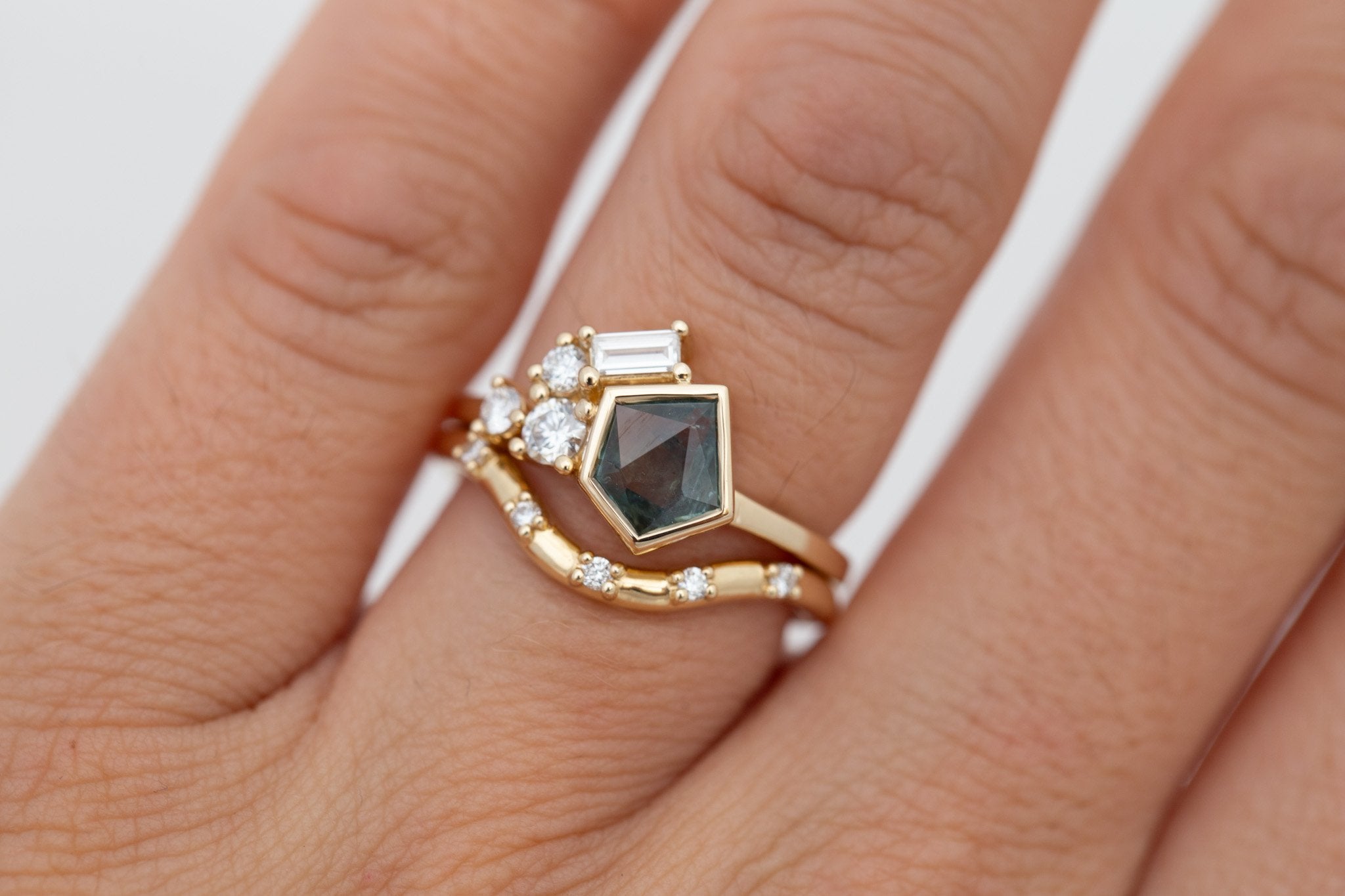 Sarria Ring | Green Geocut Montana Sapphire + Diamond Cluster Engagement Ring 1.00 ct | 14k Recycled Gold | One of a Kind