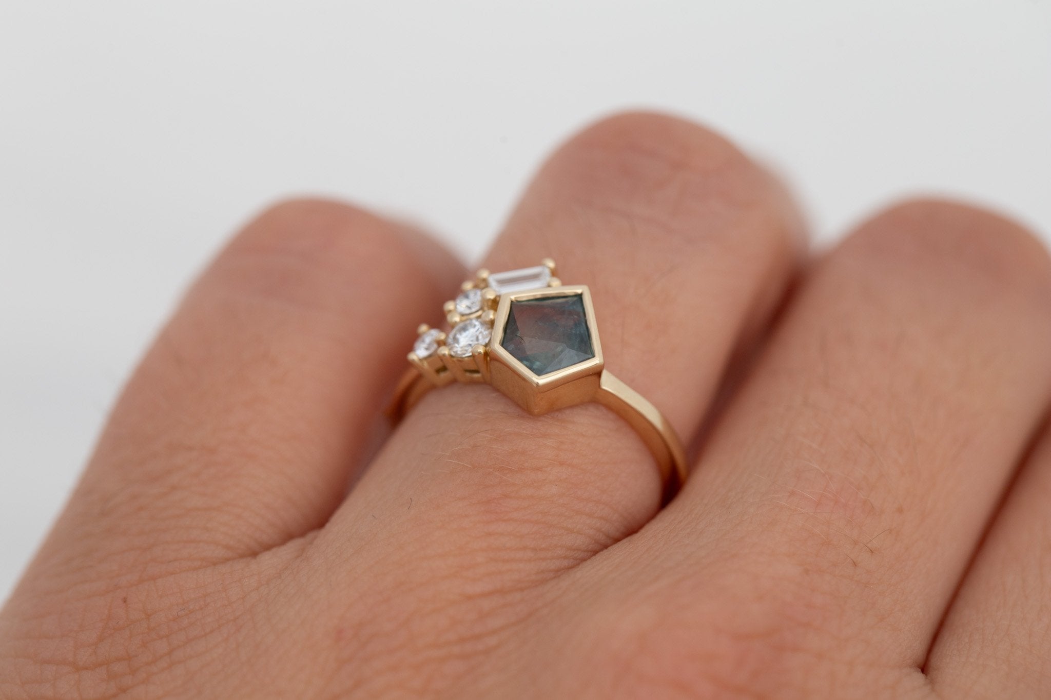 Sarria Ring | Green Geocut Montana Sapphire + Diamond Cluster Engagement Ring 1.00 ct | 14k Recycled Gold | One of a Kind
