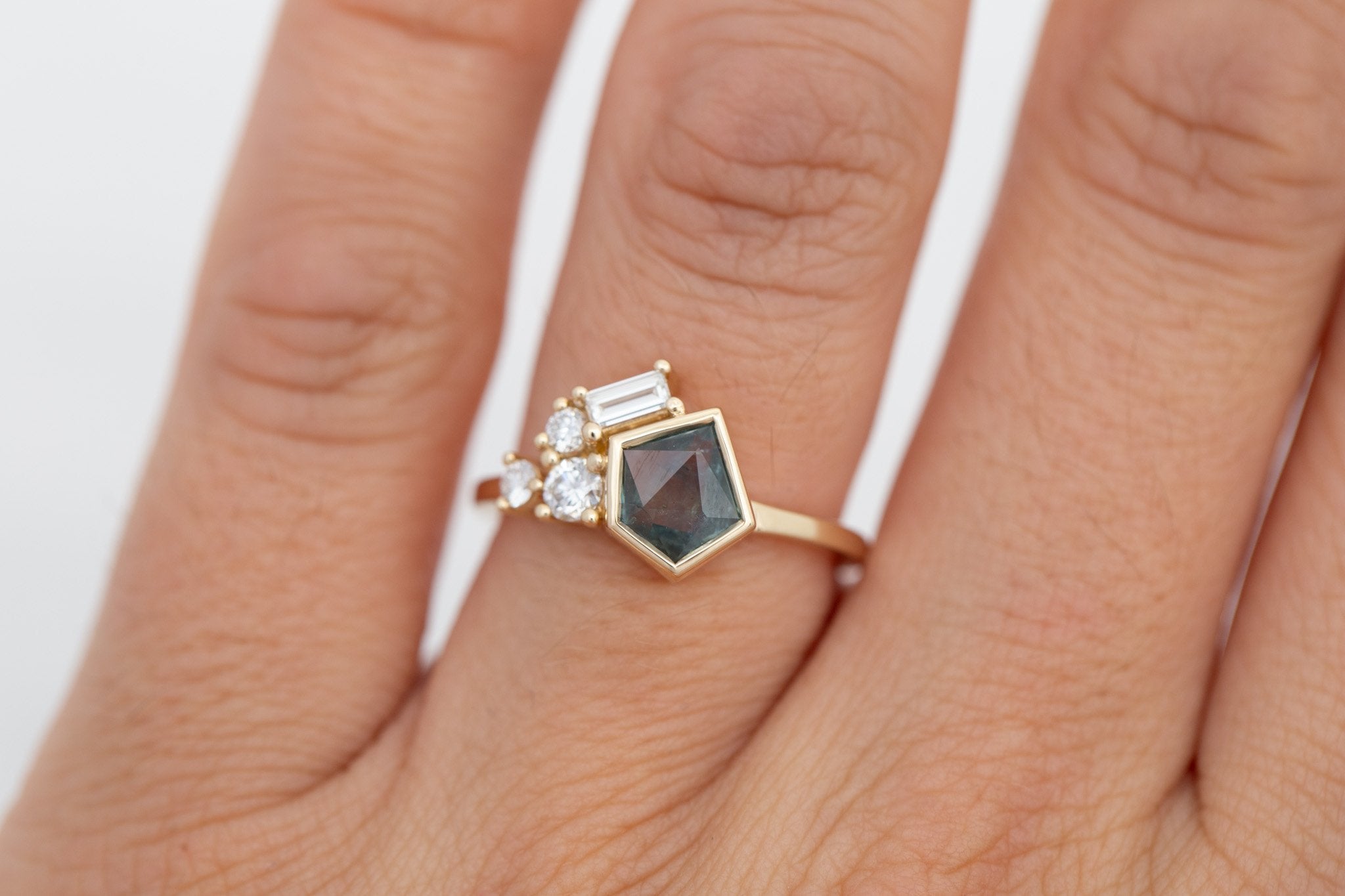 Sarria Ring | Green Geocut Montana Sapphire + Diamond Cluster Engagement Ring 1.00 ct | 14k Recycled Gold | One of a Kind
