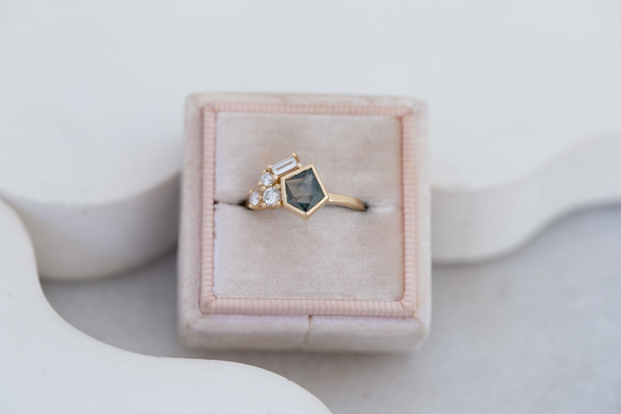 Sarria Ring | Green Geocut Montana Sapphire + Diamond Cluster Engagement Ring 1.00 ct | 14k Recycled Gold | One of a Kind
