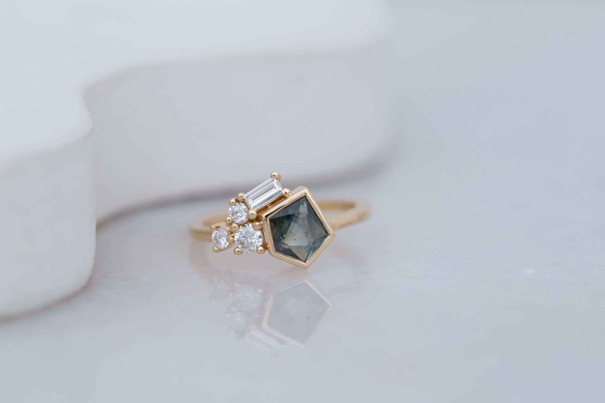 Sarria Ring | Green Geocut Montana Sapphire + Diamond Cluster Engagement Ring 1.00 ct | 14k Recycled Gold | One of a Kind