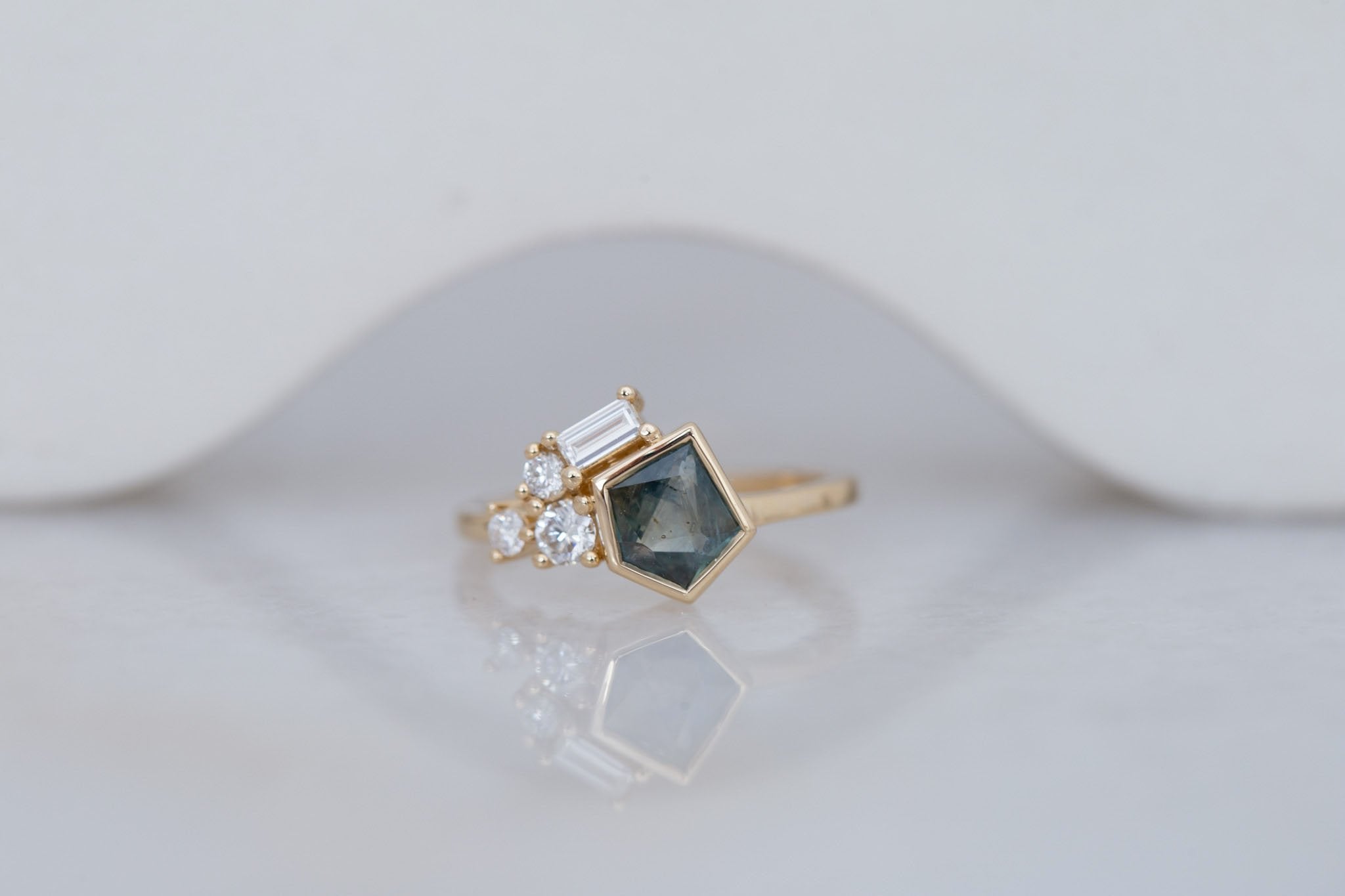 Sarria Ring | Green Geocut Montana Sapphire + Diamond Cluster Engagement Ring 1.00 ct | 14k Recycled Gold | One of a Kind