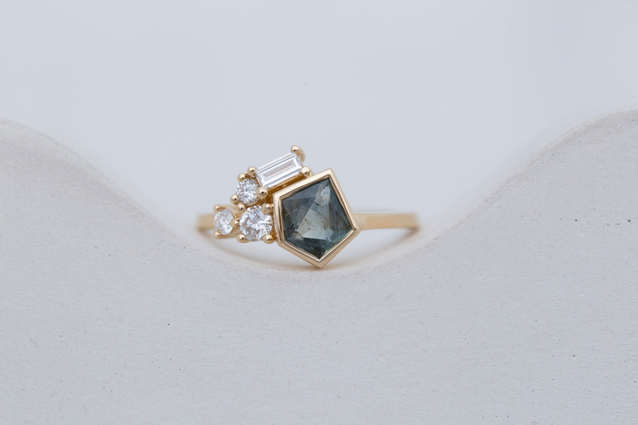Sarria Ring | Green Geocut Montana Sapphire + Diamond Cluster Engagement Ring 1.00 ct | 14k Recycled Gold | One of a Kind