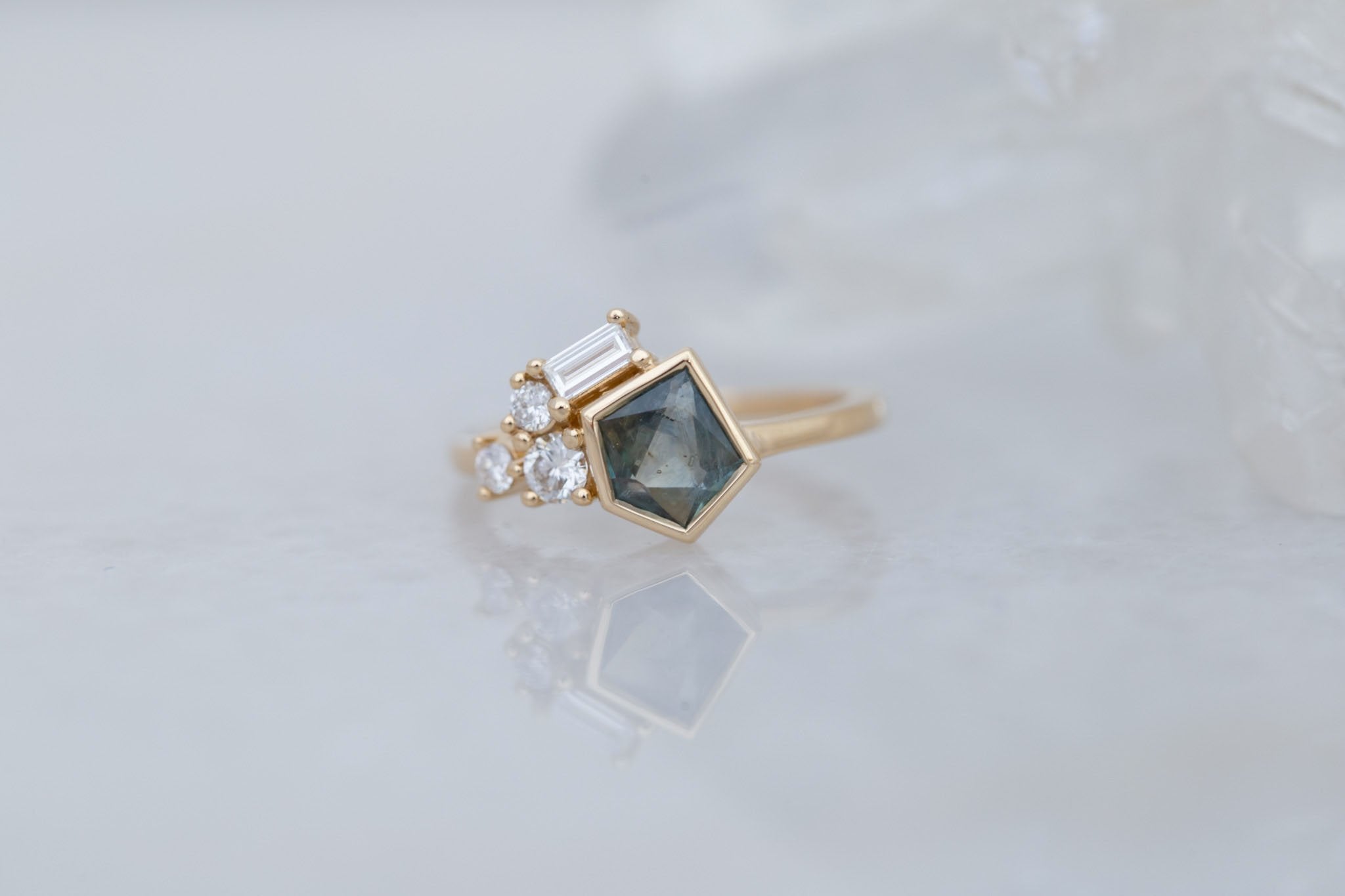 Sarria Ring | Green Geocut Montana Sapphire + Diamond Cluster Engagement Ring 1.00 ct | 14k Recycled Gold | One of a Kind