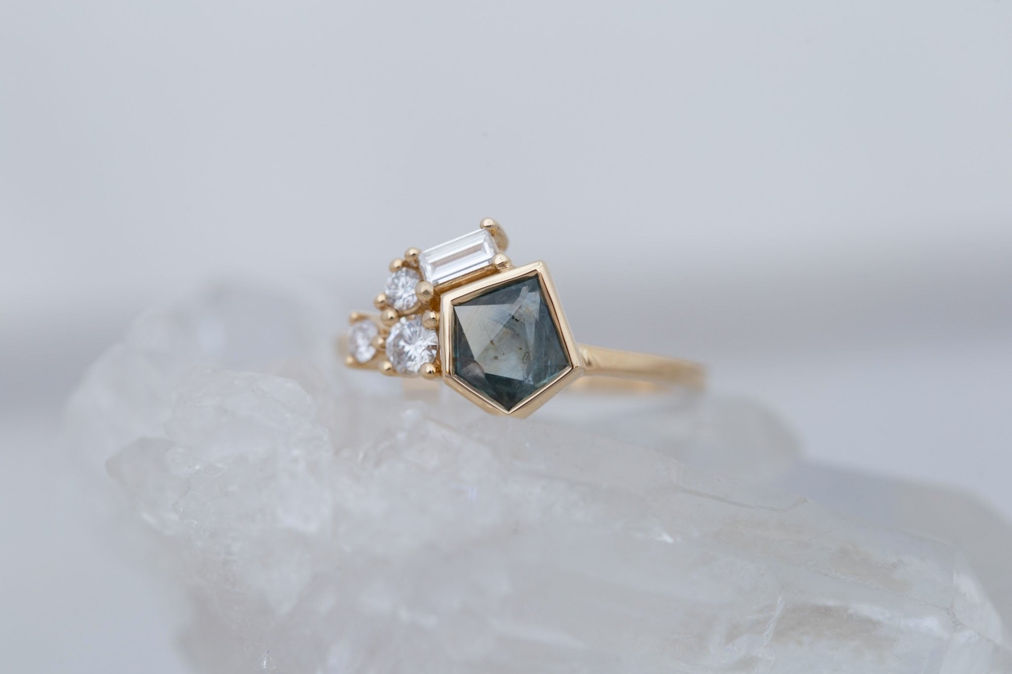 Sarria Ring | Green Geocut Montana Sapphire + Diamond Cluster Engagement Ring 1.00 ct | 14k Recycled Gold | One of a Kind