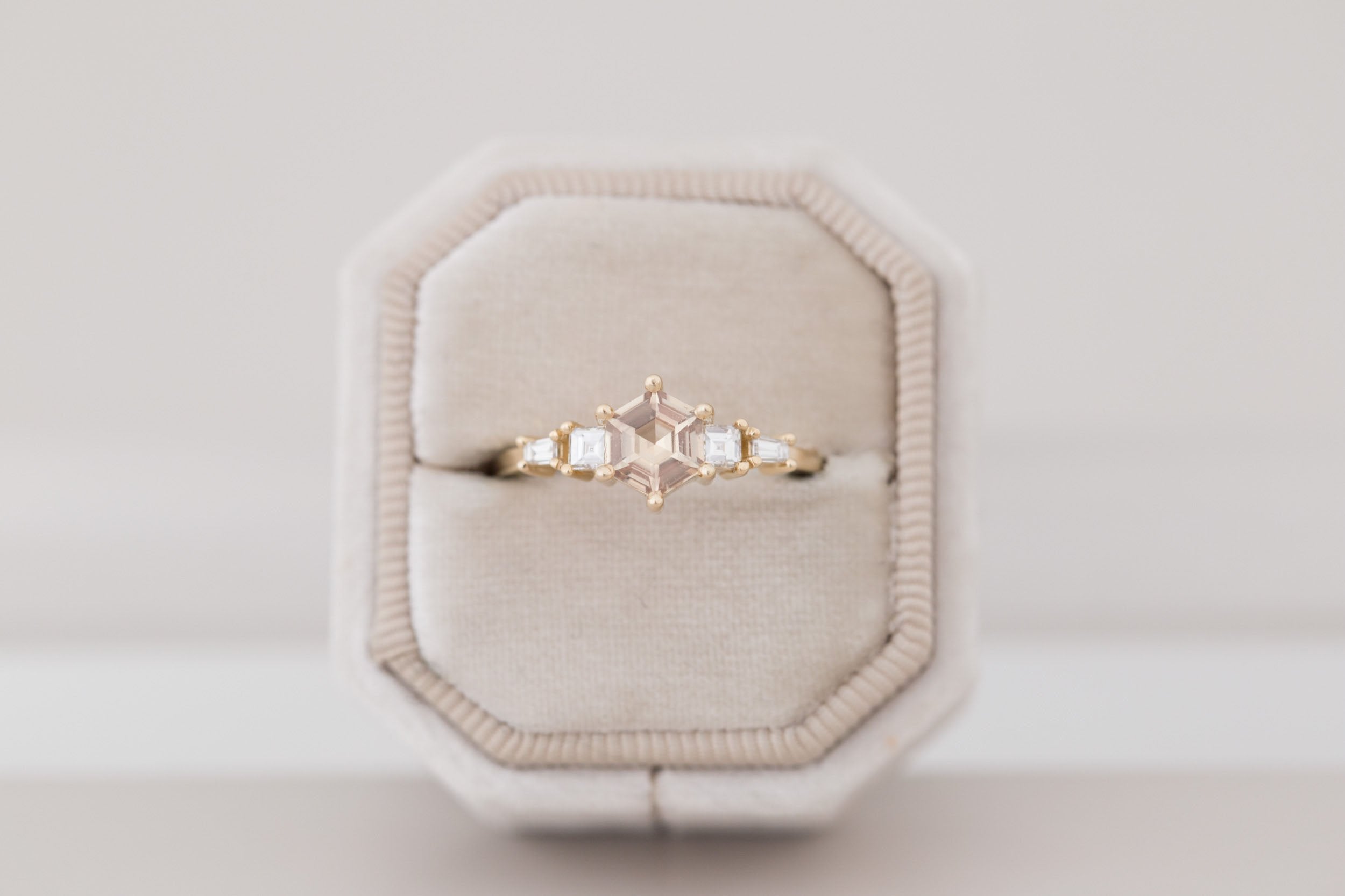 Mira Ring | Champagne Hexagon Cut Sapphire + Diamond Step Cut Accent Engagement Ring 1.01 ct | 14k Recycled Gold | One of a Kind
