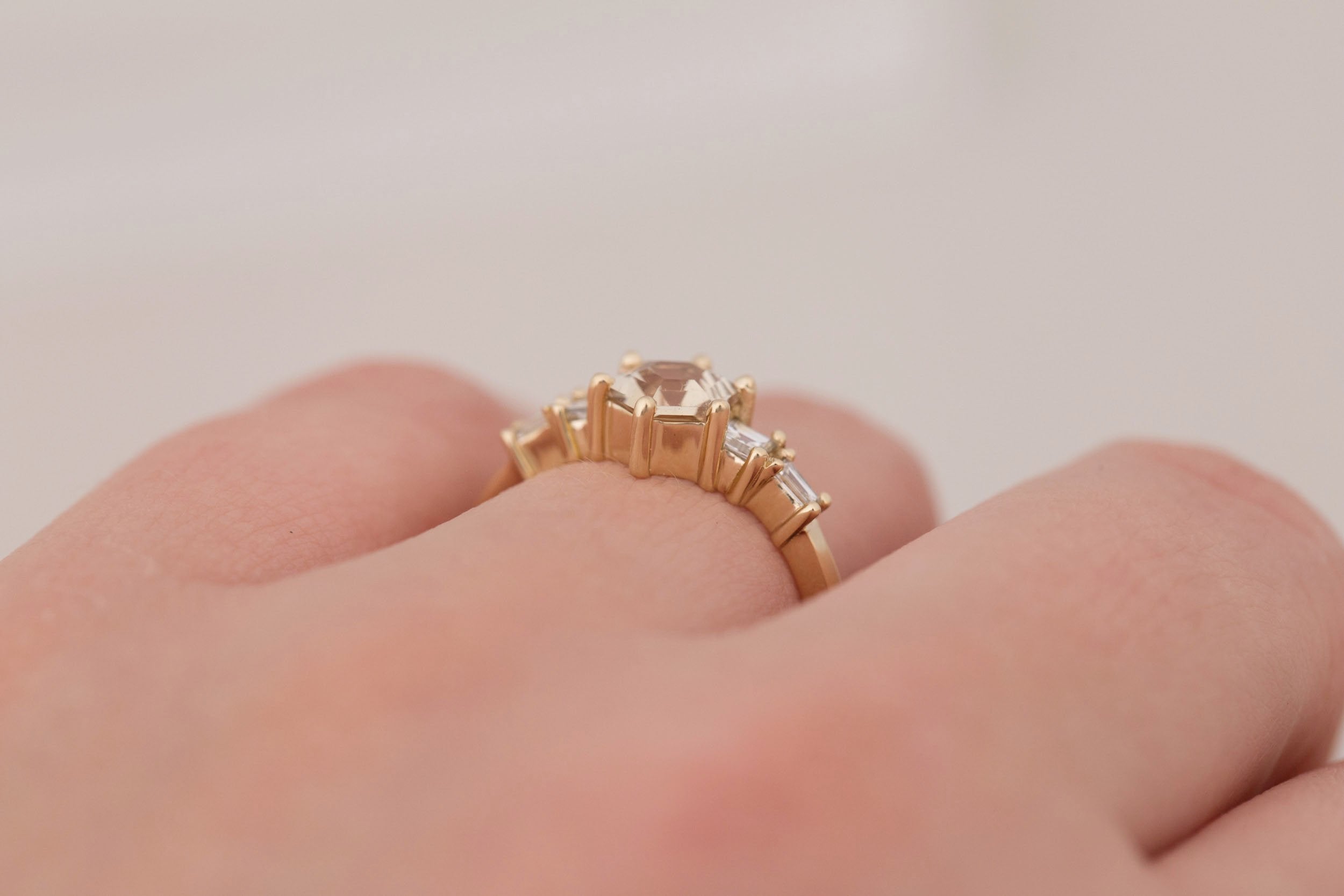 Mira Ring | Champagne Hexagon Cut Sapphire + Diamond Step Cut Accent Engagement Ring 1.01 ct | 14k Recycled Gold | One of a Kind