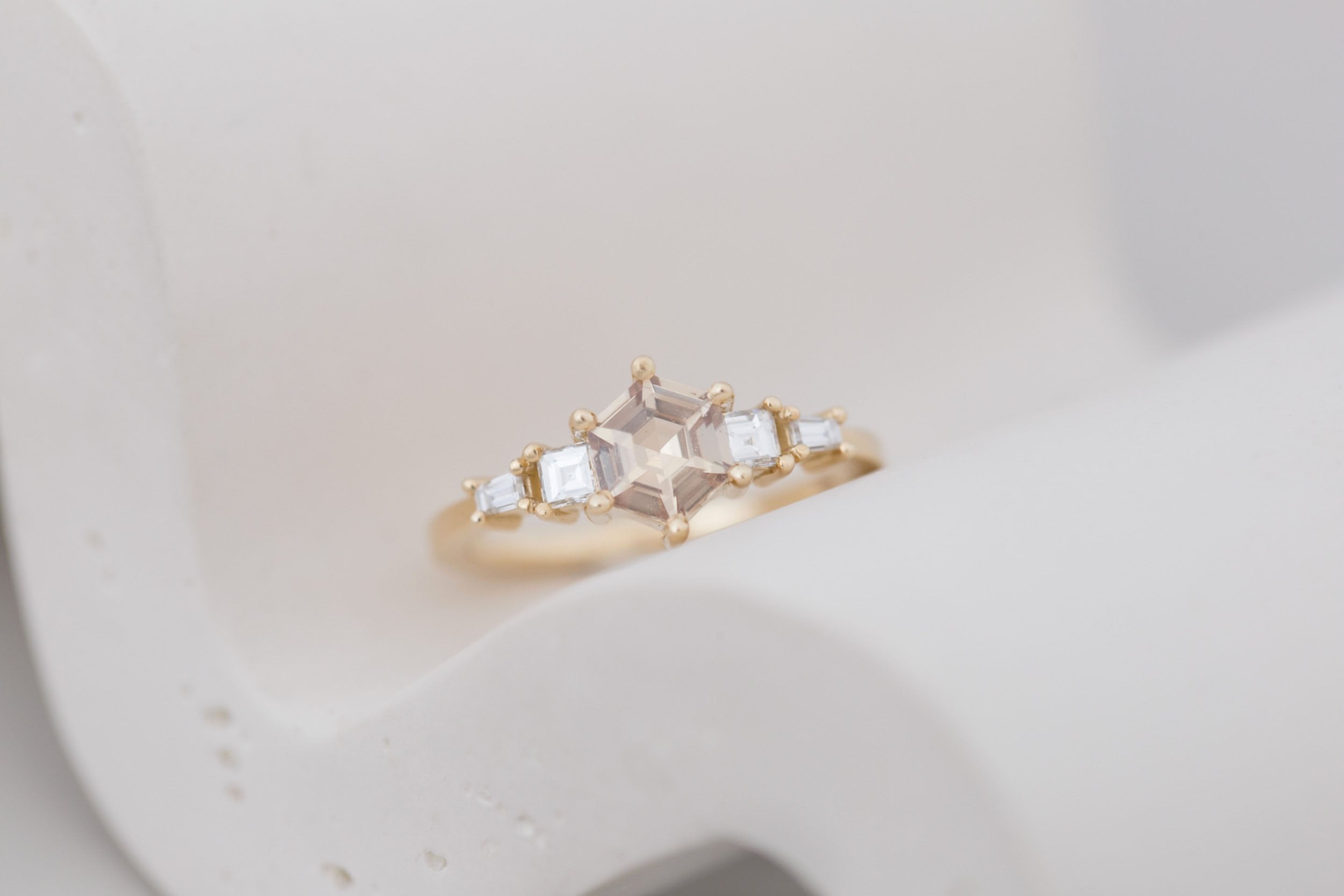 Mira Ring | Champagne Hexagon Cut Sapphire + Diamond Step Cut Accent Engagement Ring 1.01 ct | 14k Recycled Gold | One of a Kind