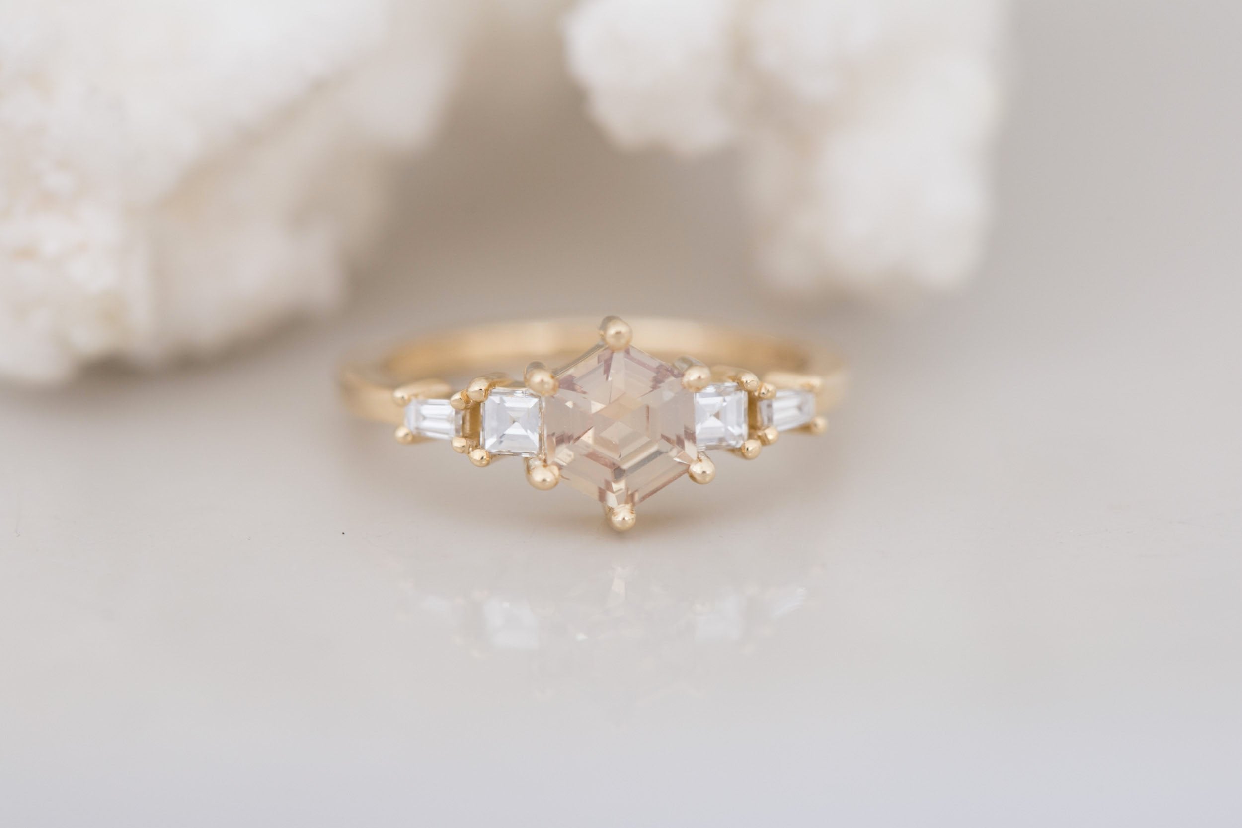 Mira Ring | Champagne Hexagon Cut Sapphire + Diamond Step Cut Accent Engagement Ring 1.01 ct | 14k Recycled Gold | One of a Kind