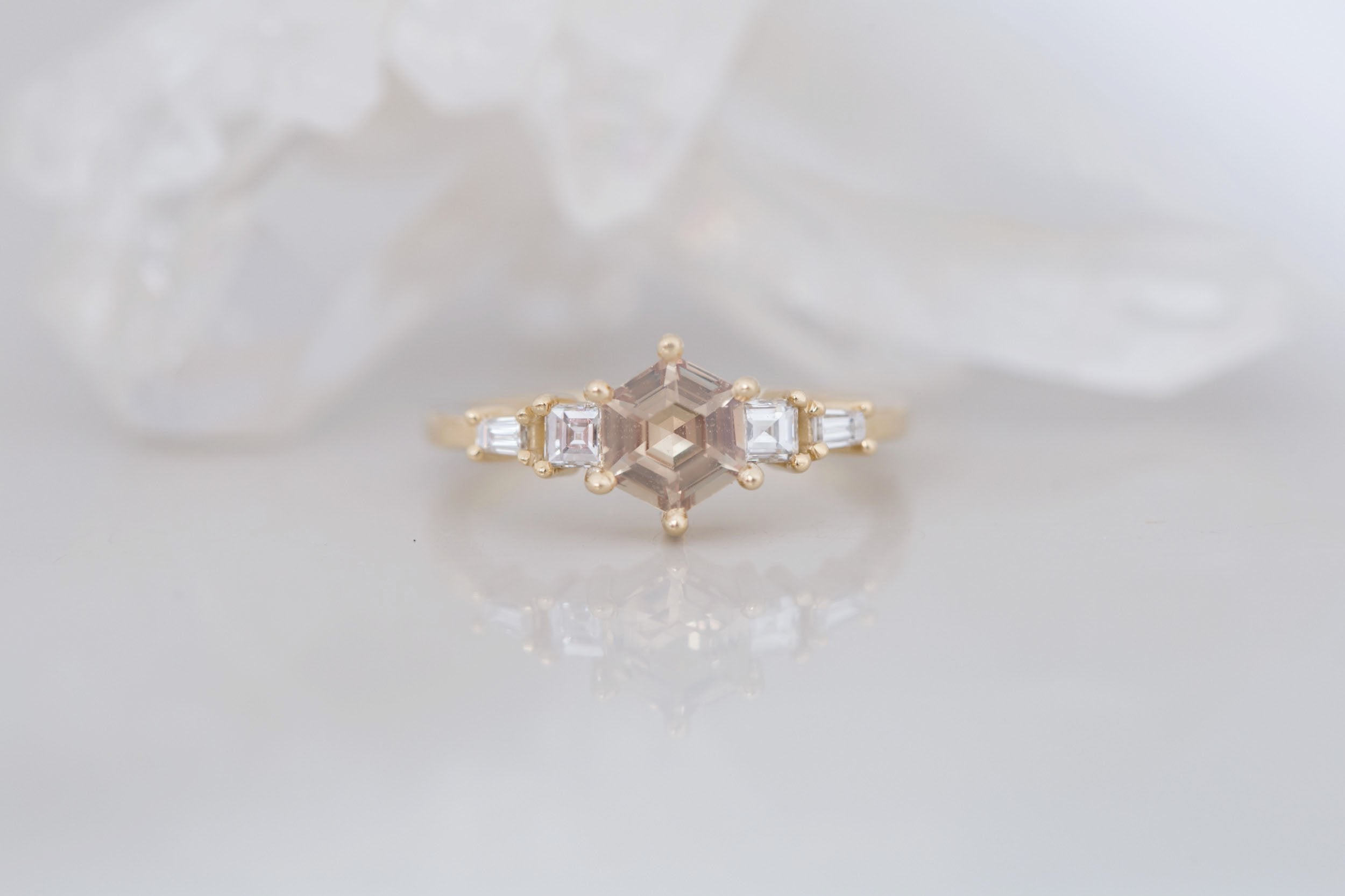Mira Ring | Champagne Hexagon Cut Sapphire + Diamond Step Cut Accent Engagement Ring 1.01 ct | 14k Recycled Gold | One of a Kind