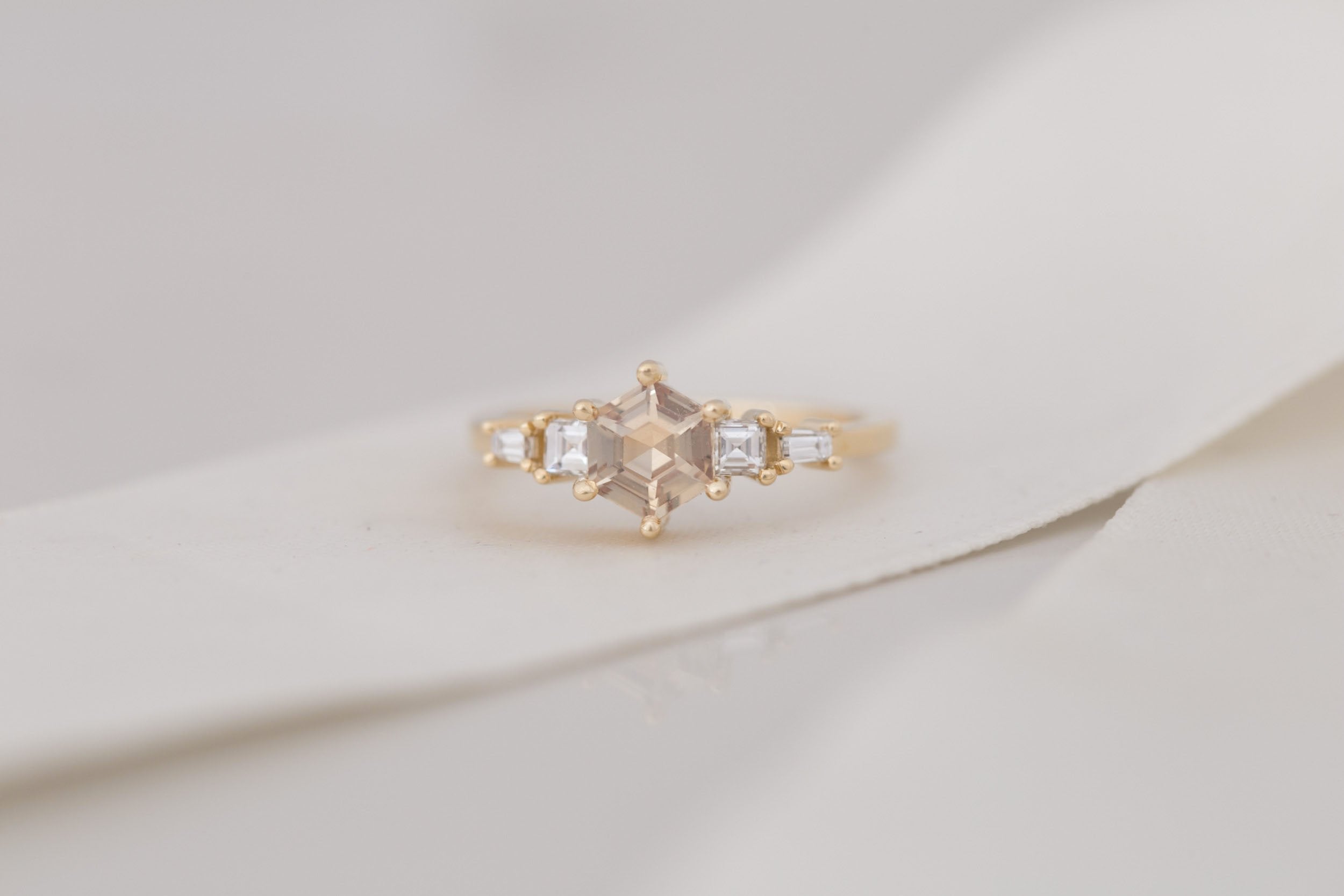 Mira Ring | Champagne Hexagon Cut Sapphire + Diamond Step Cut Accent Engagement Ring 1.01 ct | 14k Recycled Gold | One of a Kind