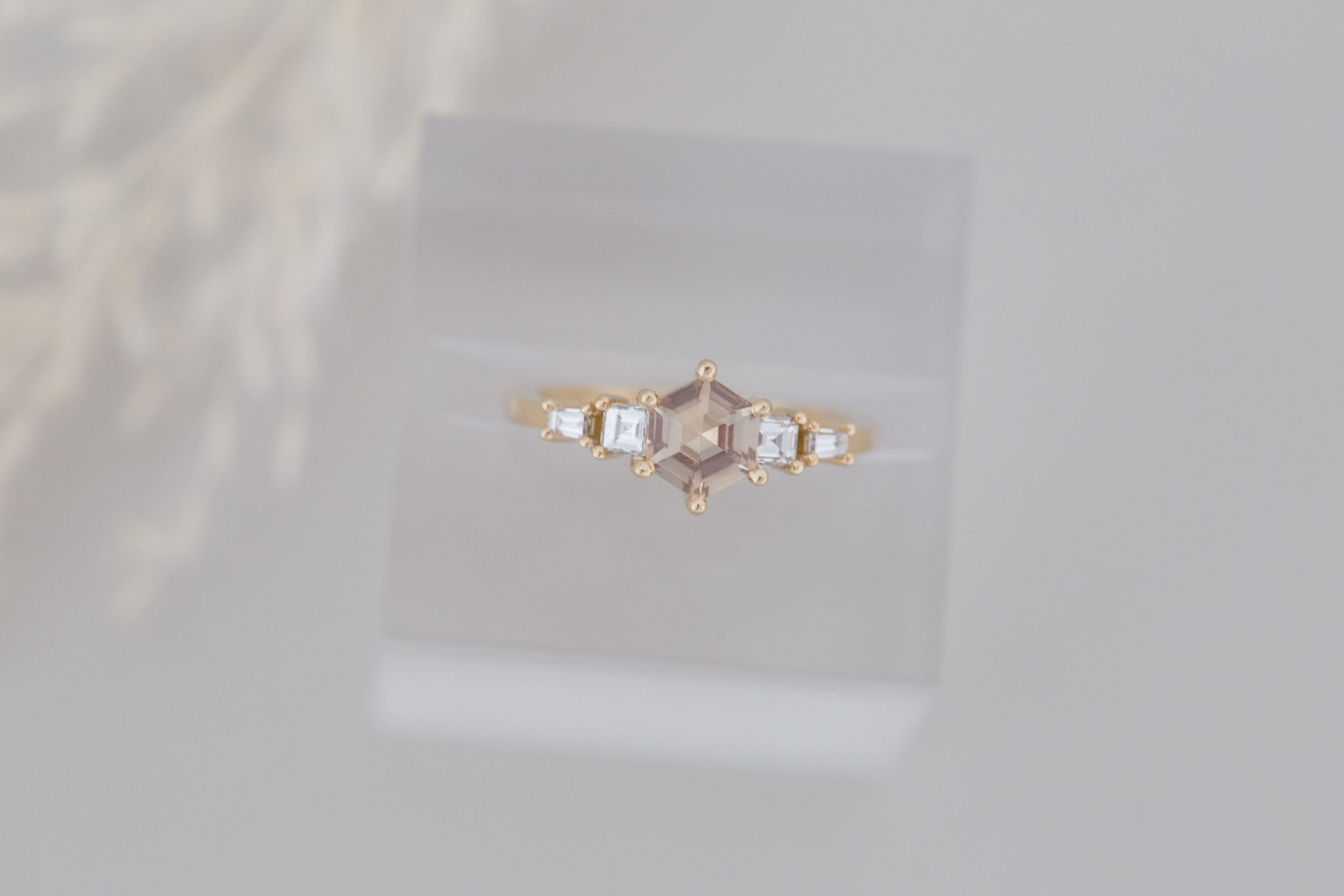 Mira Ring | Champagne Hexagon Cut Sapphire + Diamond Step Cut Accent Engagement Ring 1.01 ct | 14k Recycled Gold | One of a Kind