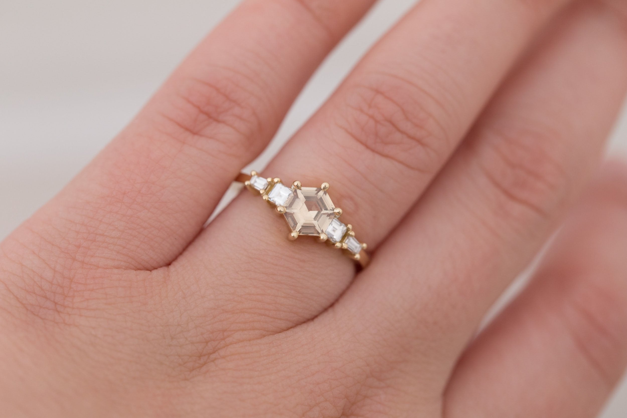Mira Ring | Champagne Hexagon Cut Sapphire + Diamond Step Cut Accent Engagement Ring 1.01 ct | 14k Recycled Gold | One of a Kind