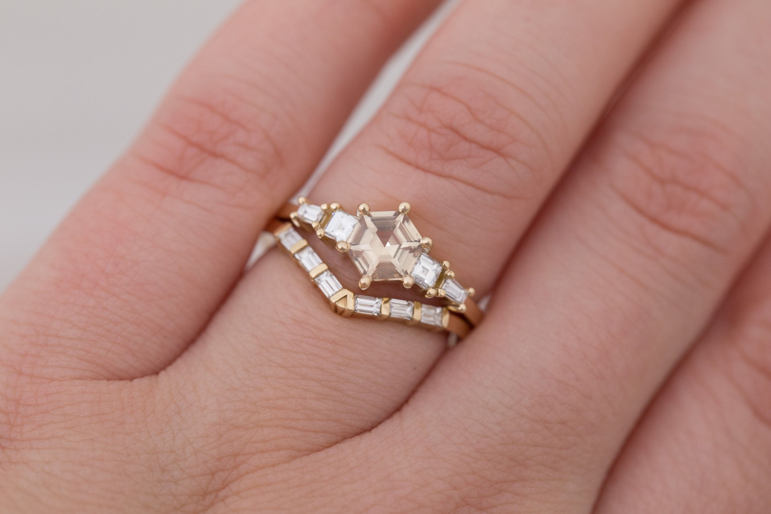 Mira Ring | Champagne Hexagon Cut Sapphire + Diamond Step Cut Accent Engagement Ring 1.01 ct | 14k Recycled Gold | One of a Kind