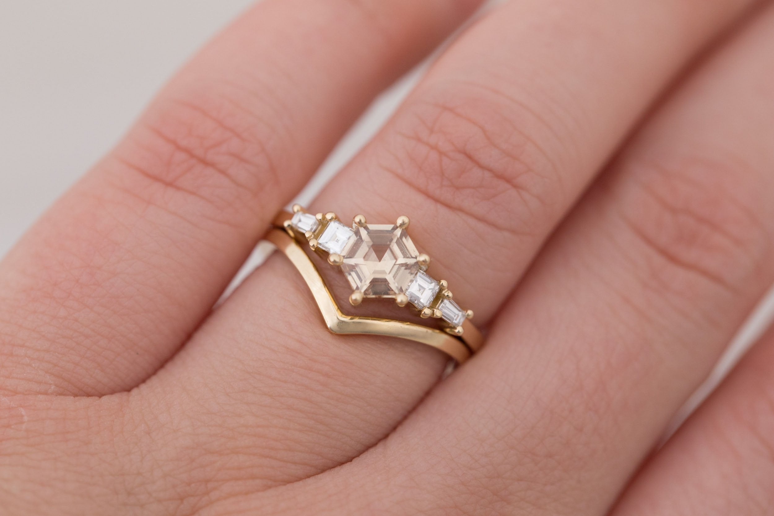 Mira Ring | Champagne Hexagon Cut Sapphire + Diamond Step Cut Accent Engagement Ring 1.01 ct | 14k Recycled Gold | One of a Kind