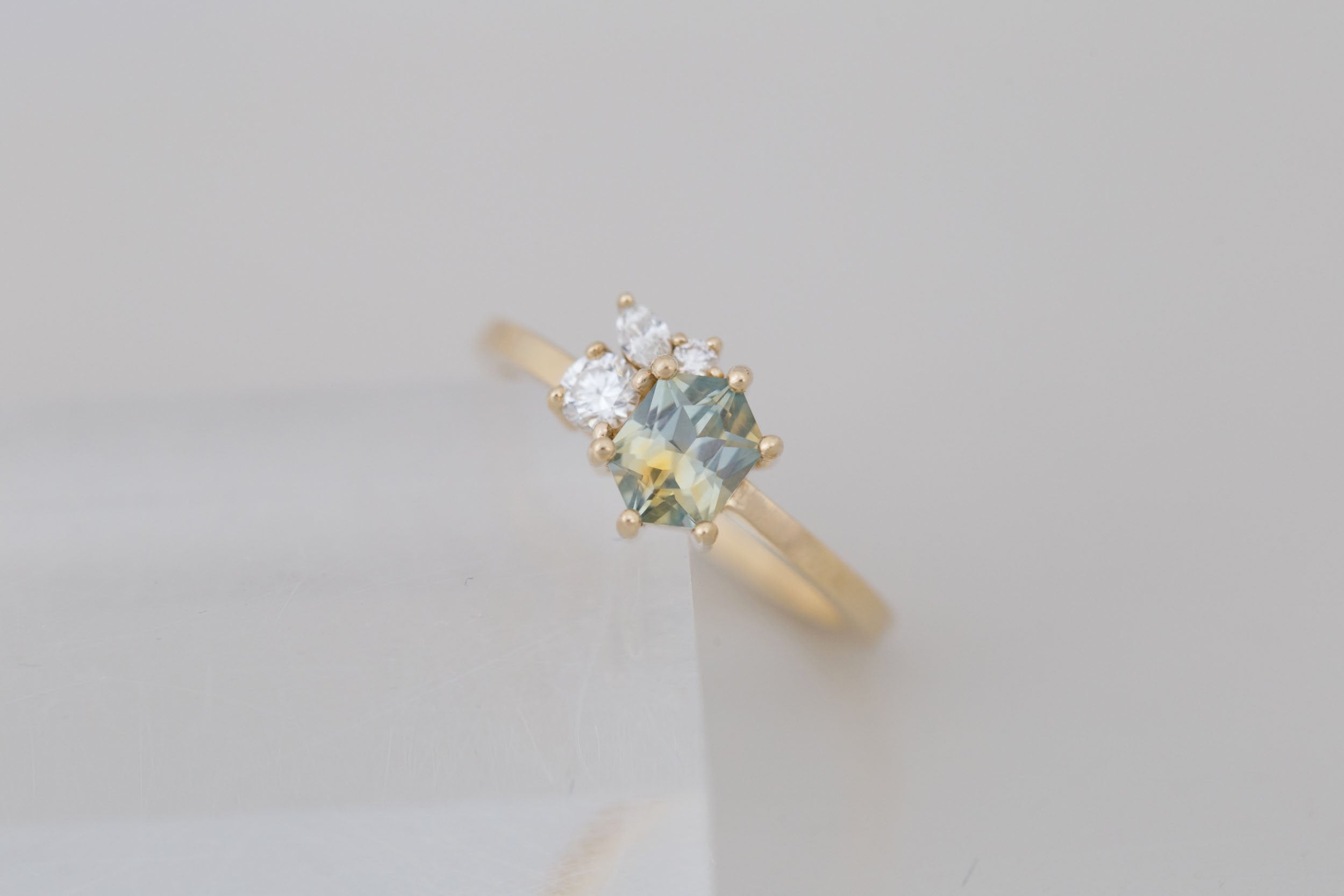 Celeste Ring | Bicolor Hexagonal Sapphire + Diamond Cluster Engagement Ring 1.02 ct | 14k Recycled Gold | One of a Kind