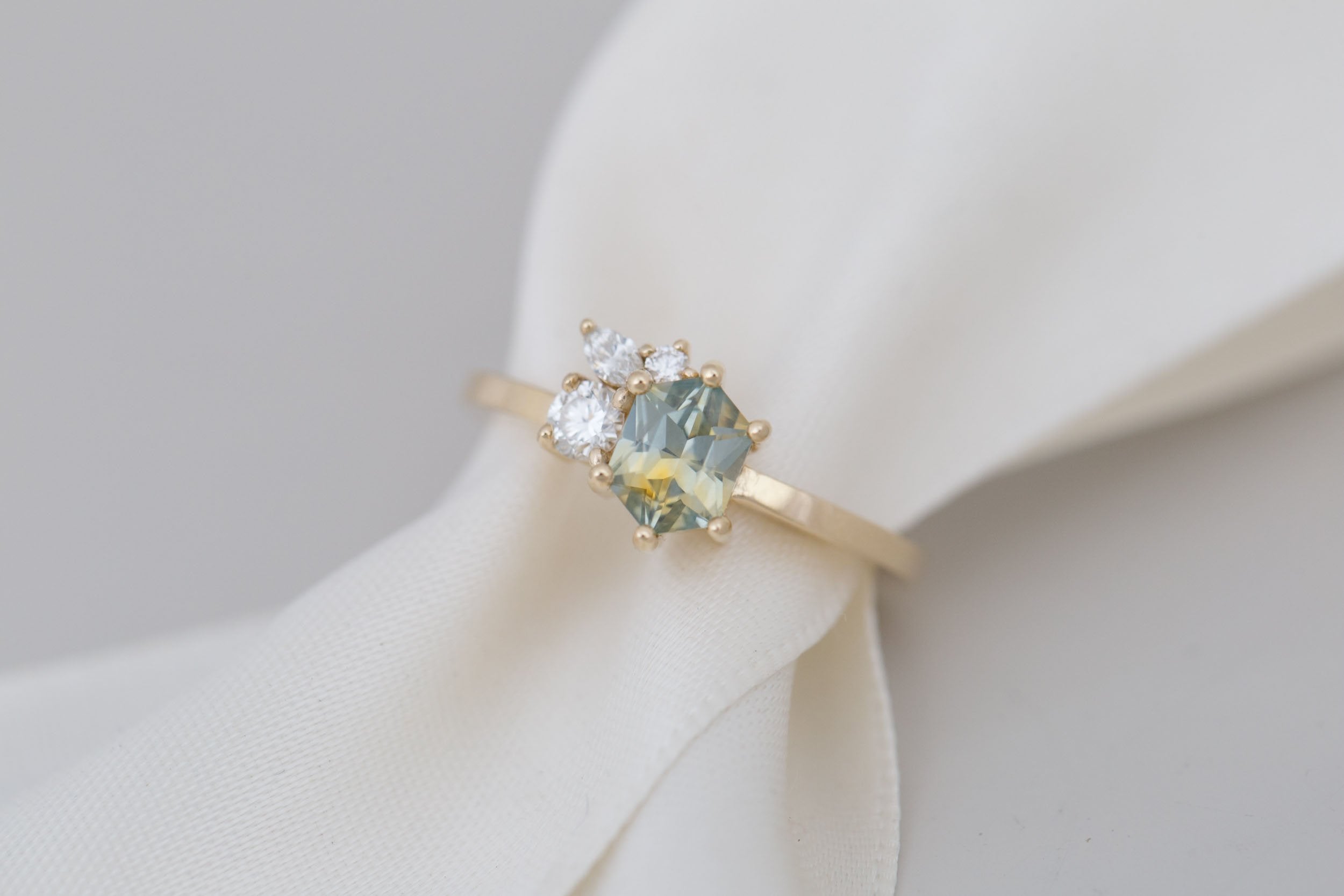 Celeste Ring | Bicolor Hexagonal Sapphire + Diamond Cluster Engagement Ring 1.02 ct | 14k Recycled Gold | One of a Kind