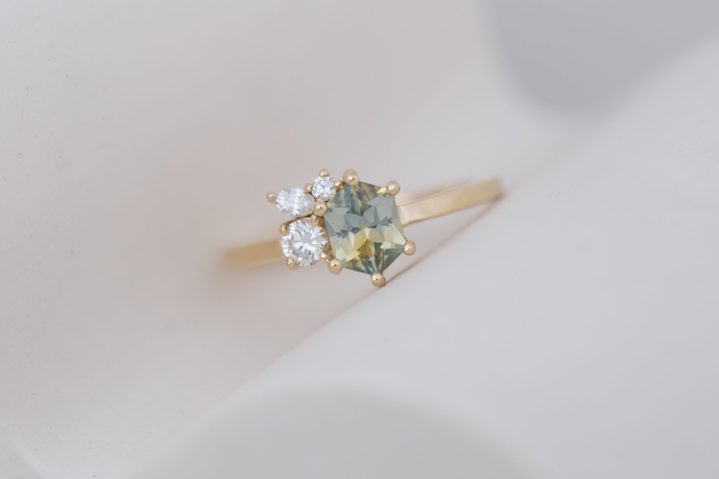 Celeste Ring | Bicolor Hexagonal Sapphire + Diamond Cluster Engagement Ring 1.02 ct | 14k Recycled Gold | One of a Kind