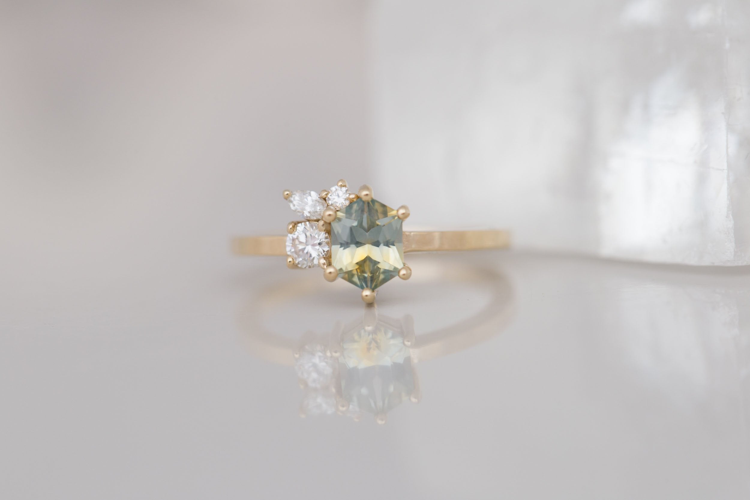 Celeste Ring | Bicolor Hexagonal Sapphire + Diamond Cluster Engagement Ring 1.02 ct | 14k Recycled Gold | One of a Kind