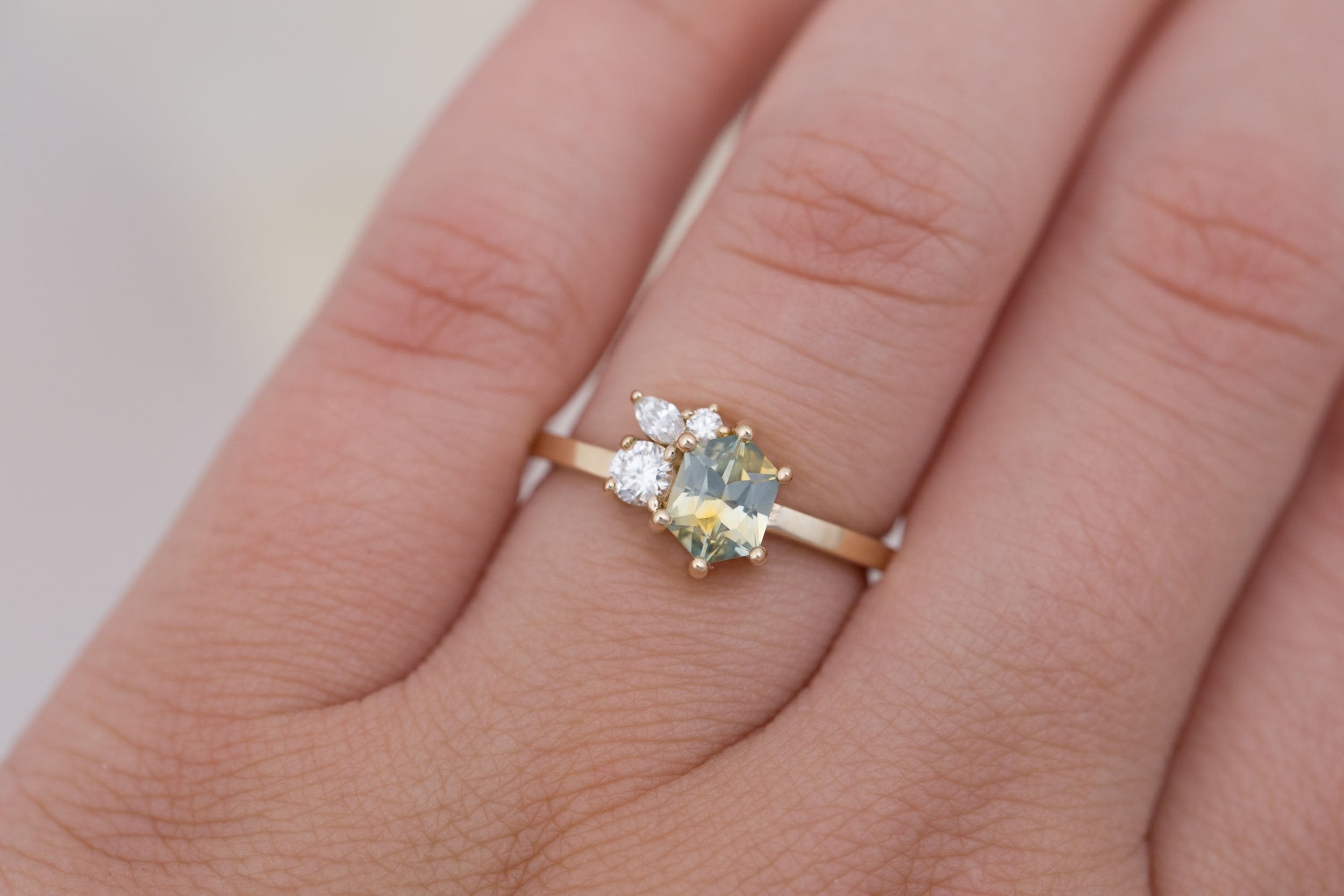 Celeste Ring | Bicolor Hexagonal Sapphire + Diamond Cluster Engagement Ring 1.02 ct | 14k Recycled Gold | One of a Kind