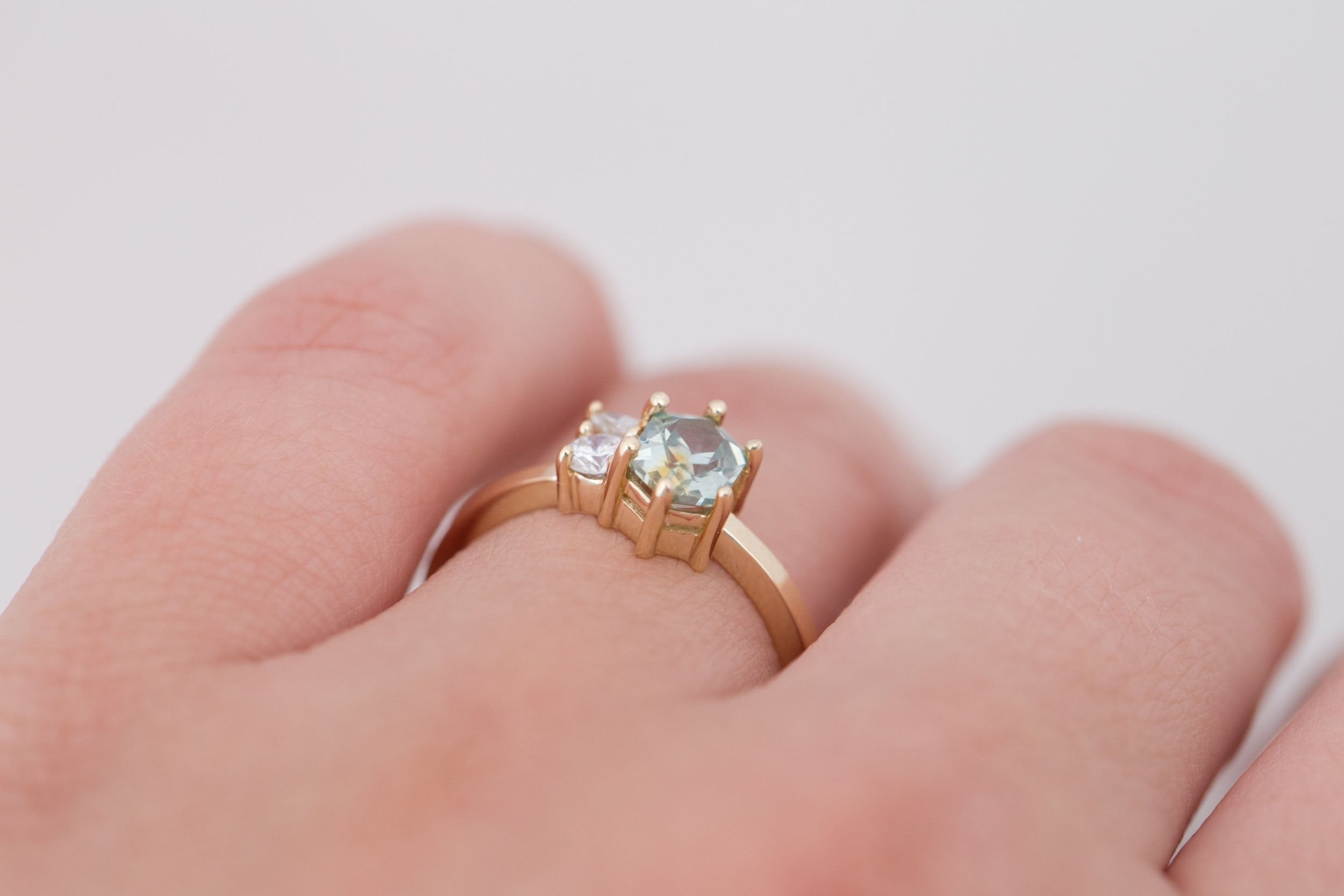 Celeste Ring | Bicolor Hexagonal Sapphire + Diamond Cluster Engagement Ring 1.02 ct | 14k Recycled Gold | One of a Kind