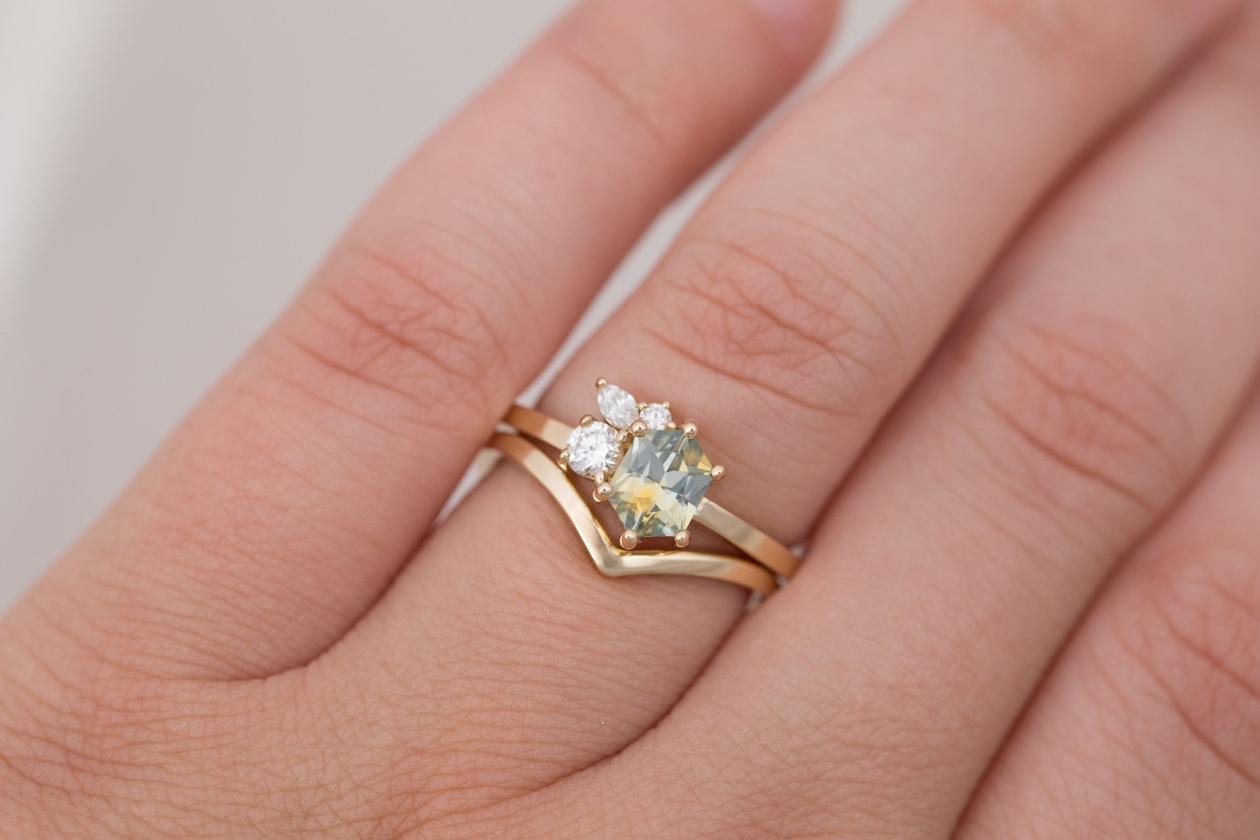 Celeste Ring | Bicolor Hexagonal Sapphire + Diamond Cluster Engagement Ring 1.02 ct | 14k Recycled Gold | One of a Kind