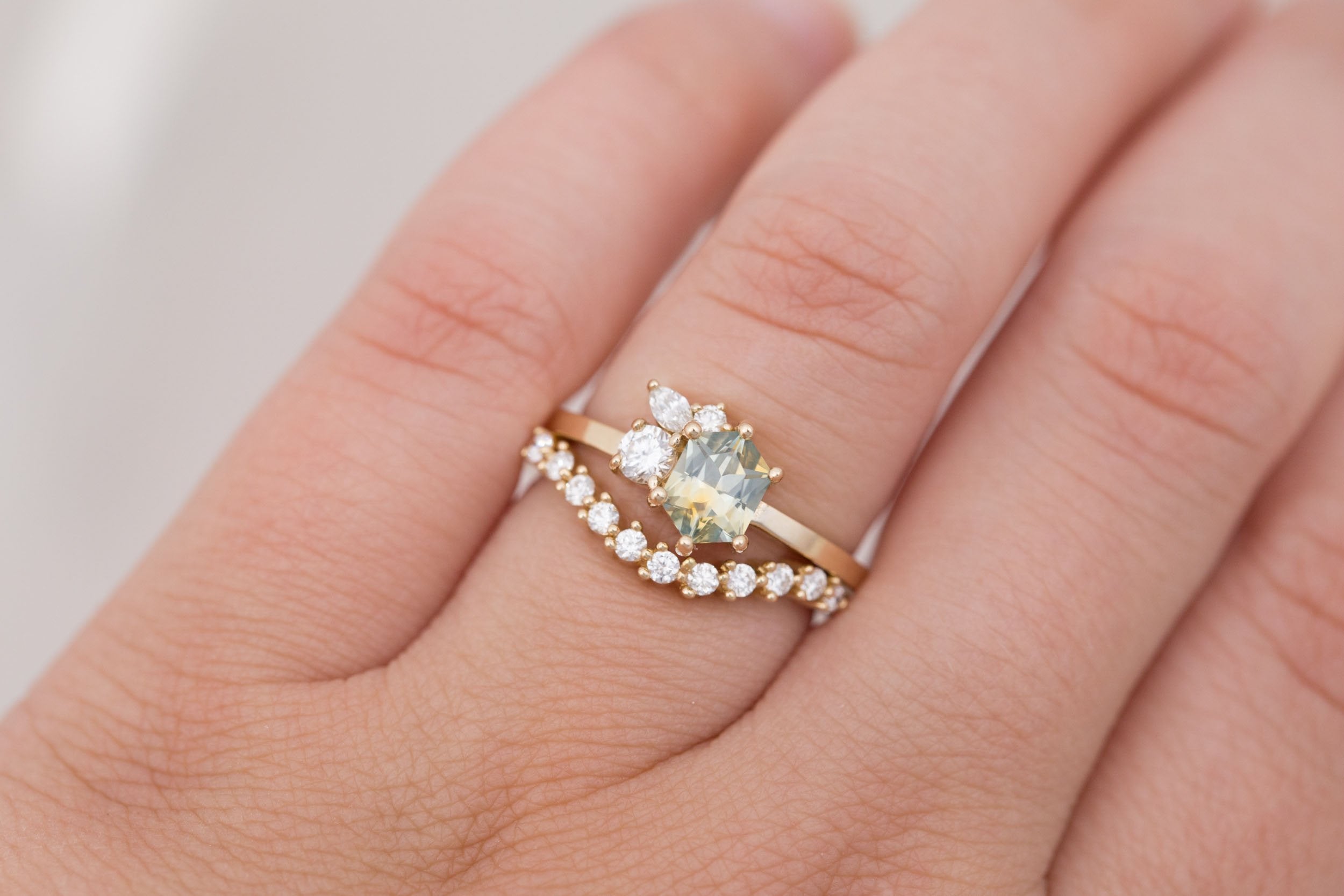 Celeste Ring | Bicolor Hexagonal Sapphire + Diamond Cluster Engagement Ring 1.02 ct | 14k Recycled Gold | One of a Kind