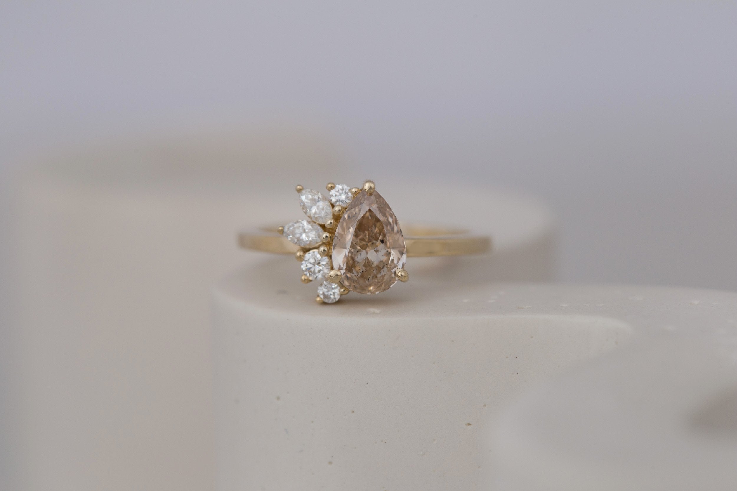 Dahlia Ring | Champagne Pear Cut Diamond + Diamond Cluster Engagement Ring 1.02 ct | 14k Recycled Gold | One of a Kind
