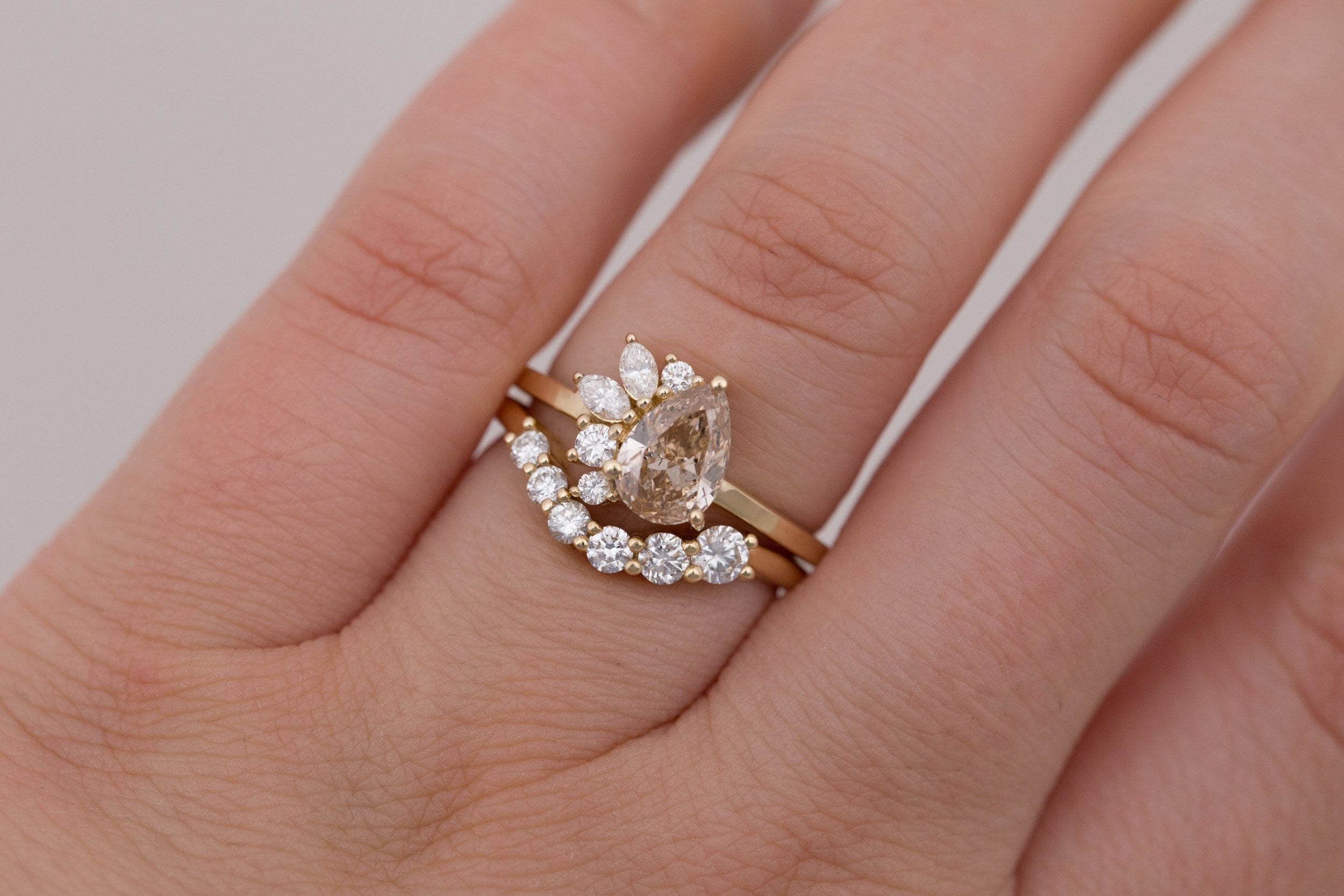 Dahlia Ring | Champagne Pear Cut Diamond + Diamond Cluster Engagement Ring 1.02 ct | 14k Recycled Gold | One of a Kind