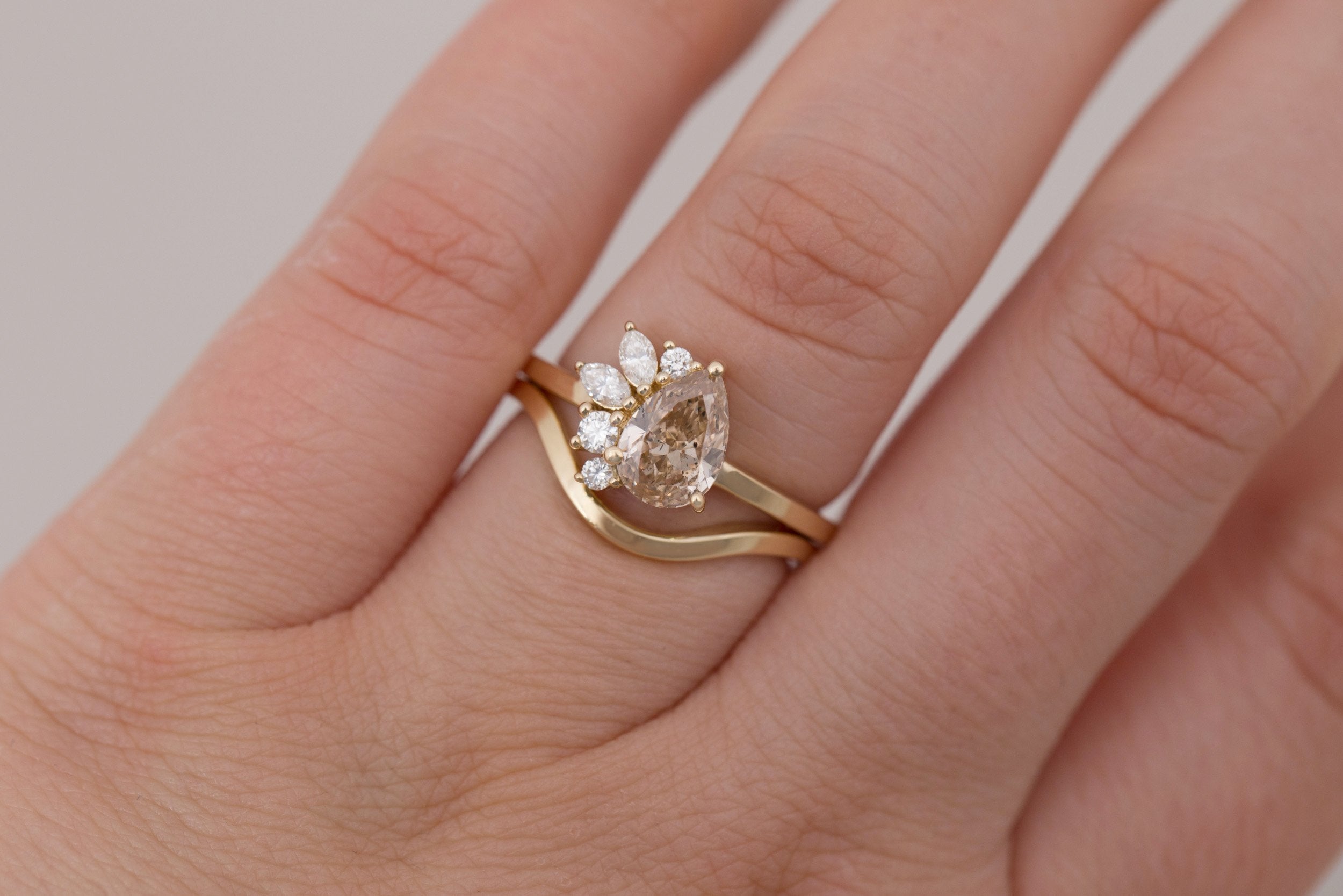 Dahlia Ring | Champagne Pear Cut Diamond + Diamond Cluster Engagement Ring 1.02 ct | 14k Recycled Gold | One of a Kind