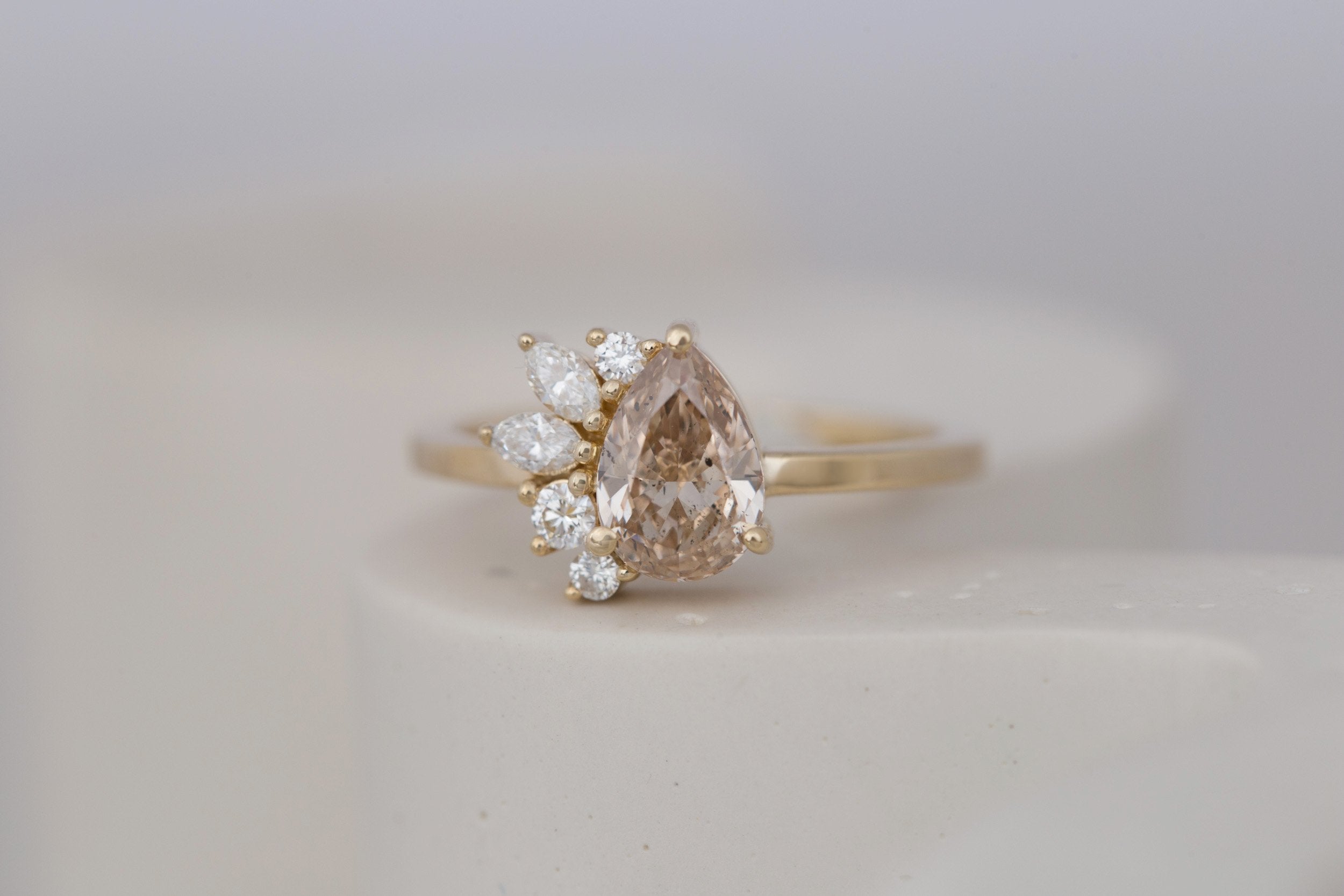 Dahlia Ring | Champagne Pear Cut Diamond + Diamond Cluster Engagement Ring 1.02 ct | 14k Recycled Gold | One of a Kind
