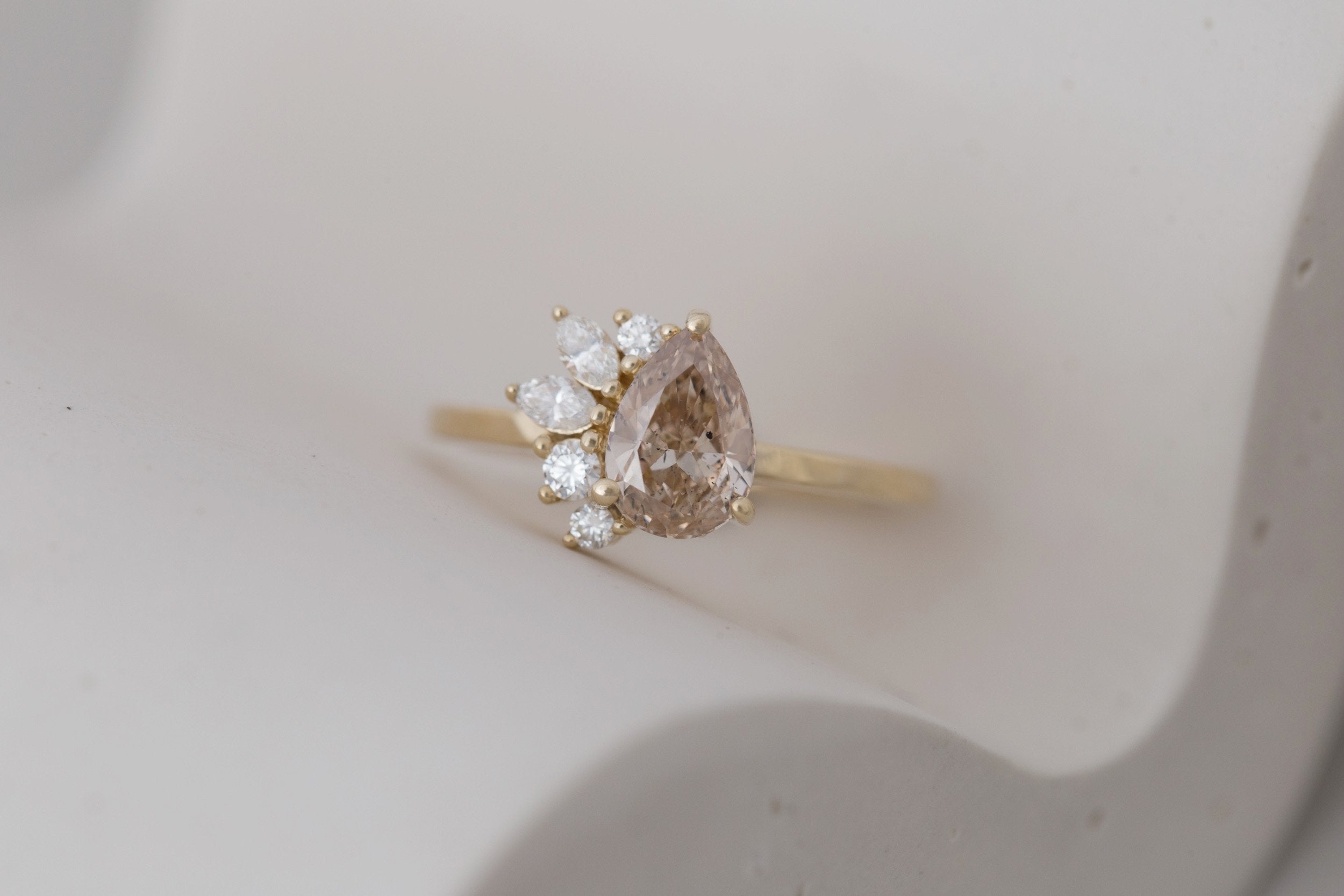 Dahlia Ring | Champagne Pear Cut Diamond + Diamond Cluster Engagement Ring 1.02 ct | 14k Recycled Gold | One of a Kind