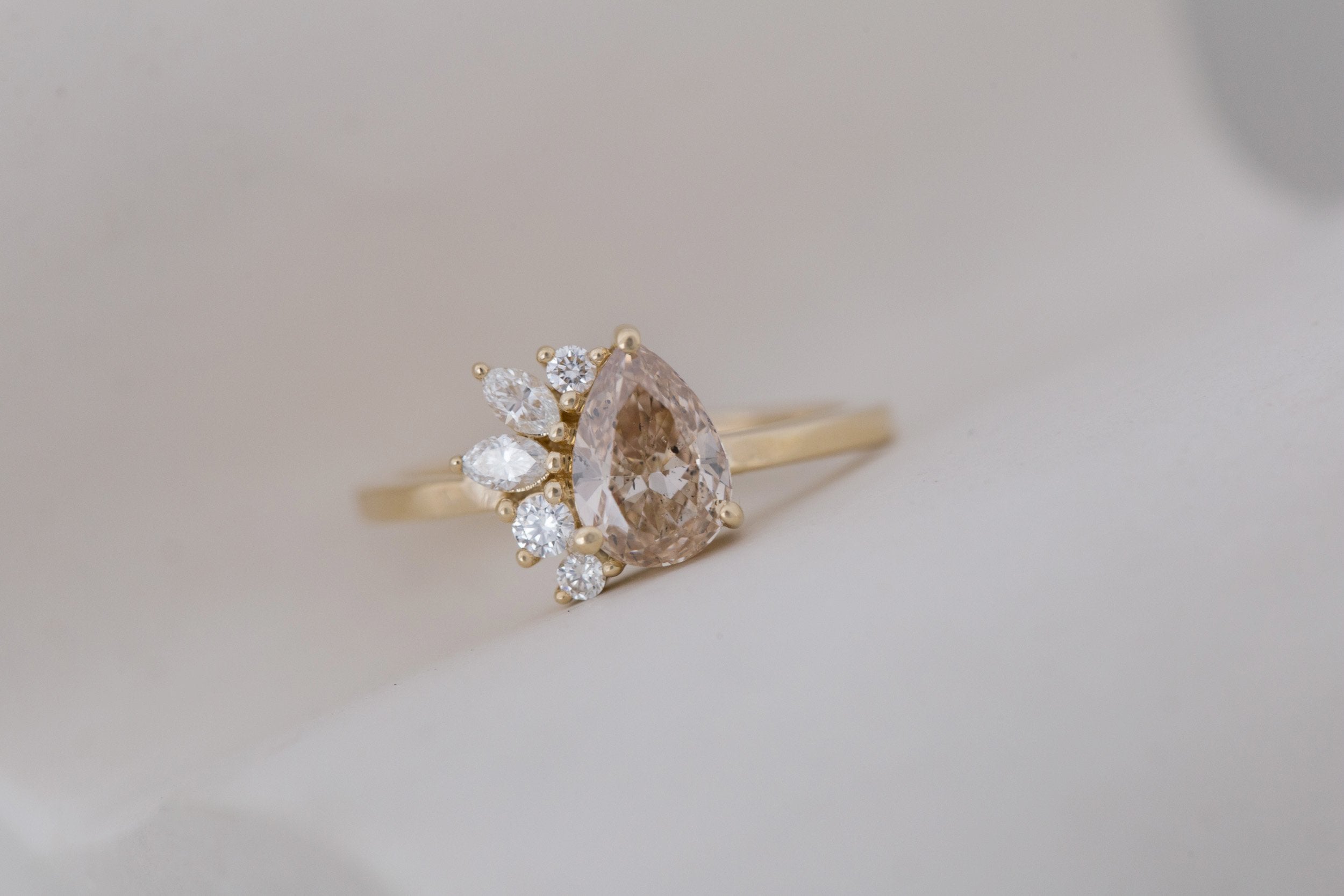 Dahlia Ring | Champagne Pear Cut Diamond + Diamond Cluster Engagement Ring 1.02 ct | 14k Recycled Gold | One of a Kind