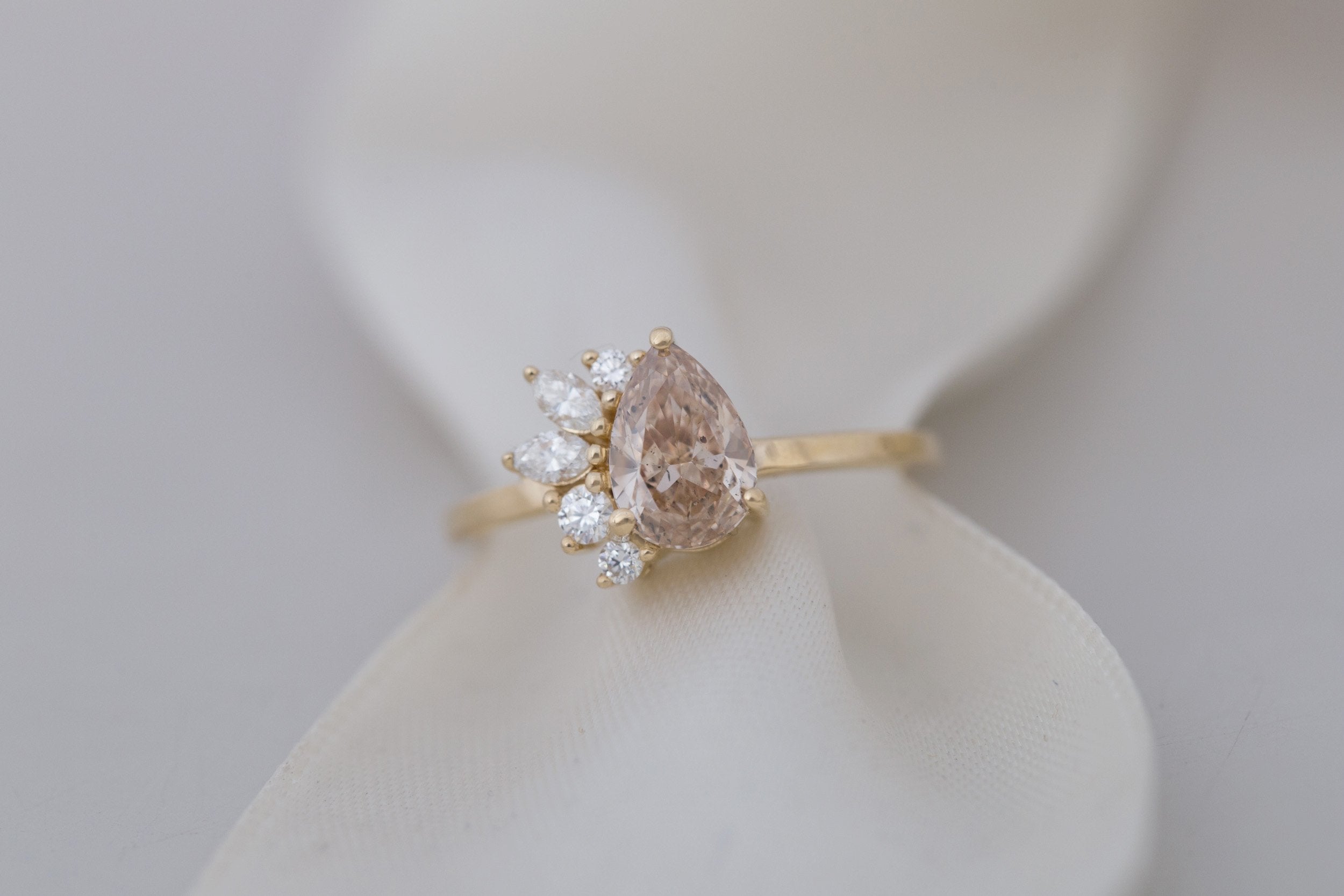 Dahlia Ring | Champagne Pear Cut Diamond + Diamond Cluster Engagement Ring 1.02 ct | 14k Recycled Gold | One of a Kind
