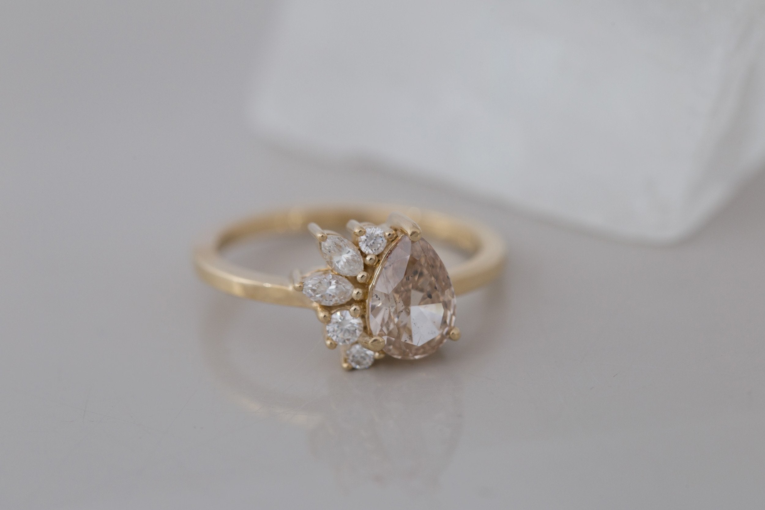 Dahlia Ring | Champagne Pear Cut Diamond + Diamond Cluster Engagement Ring 1.02 ct | 14k Recycled Gold | One of a Kind