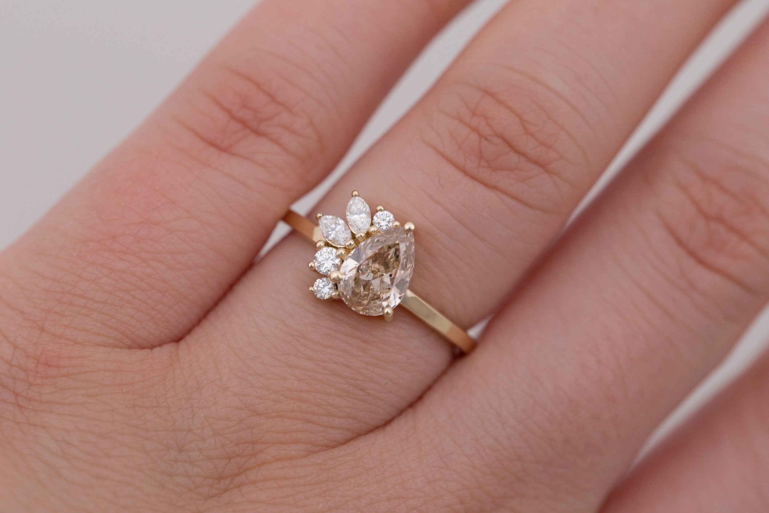 Dahlia Ring | Champagne Pear Cut Diamond + Diamond Cluster Engagement Ring 1.02 ct | 14k Recycled Gold | One of a Kind