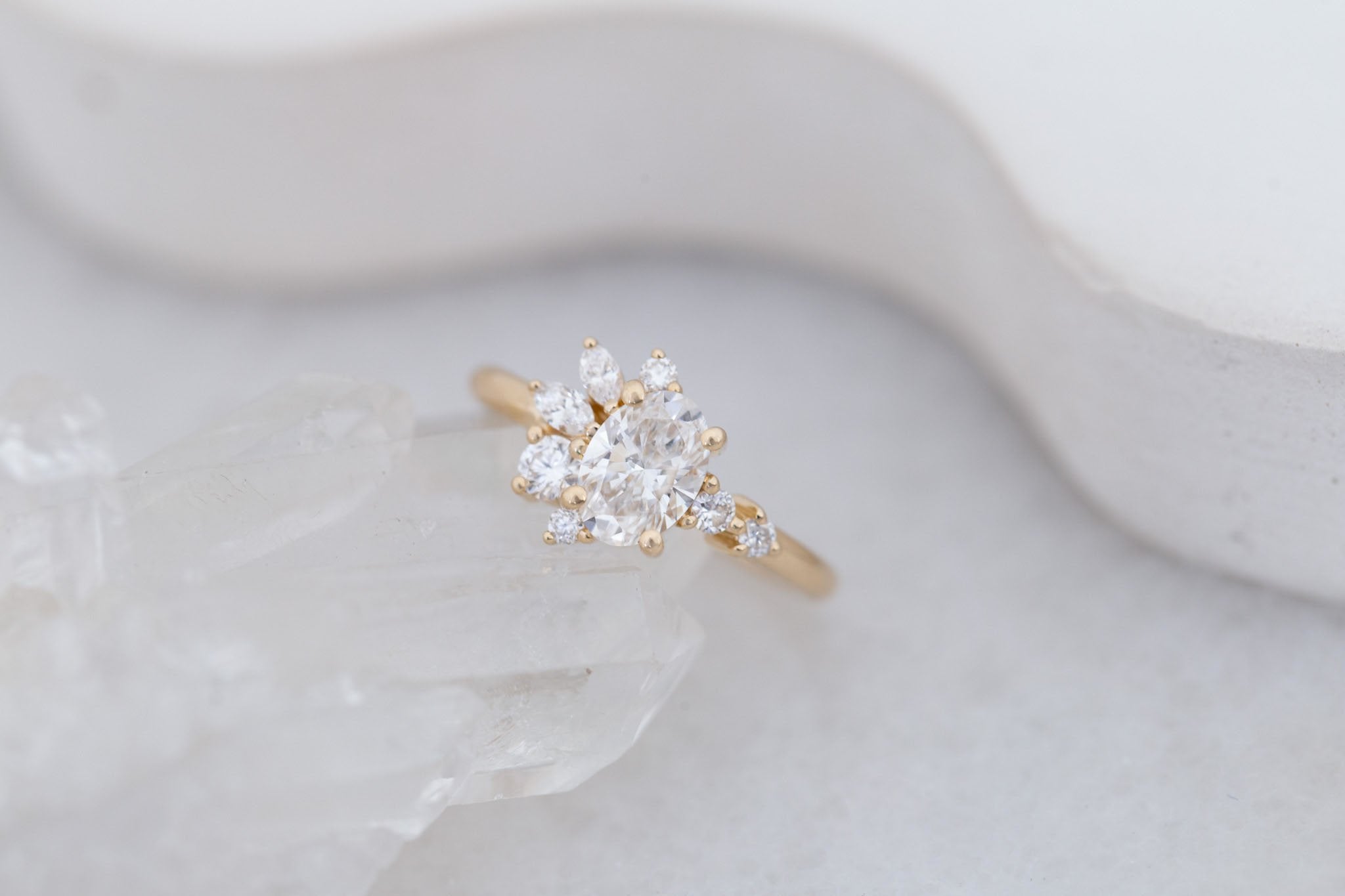 Ambretta Ring | Lab Oval Diamond + Lab Diamond Cluster Engagement Ring 1.02 ct | 14k Recycled Gold | One of a Kind